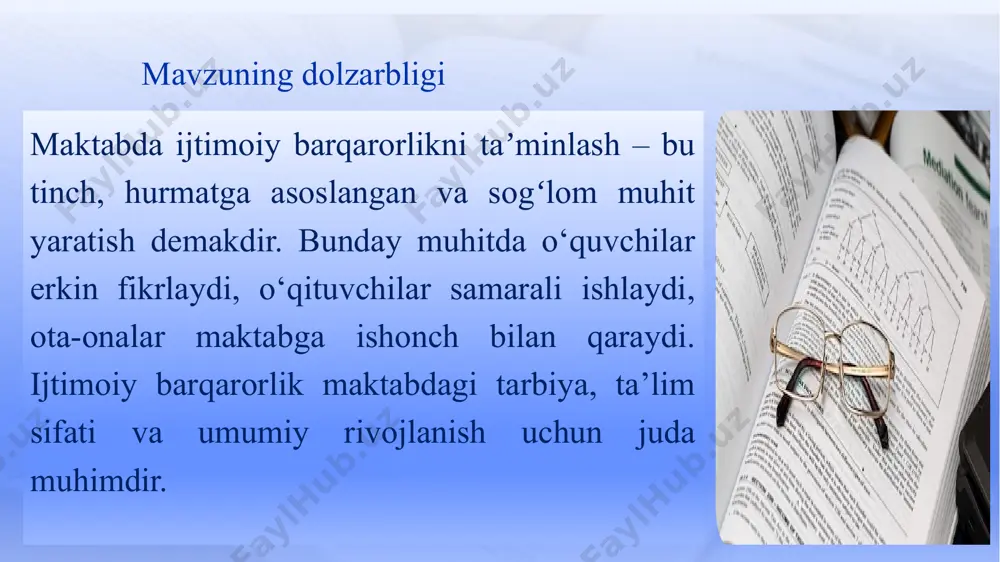 izmlari ko‘rsatilgan. o‘quvchilarda fuqarolik ongini rivojlantirish barqarorlikka xizmat qilishi ta’kidlanadi. s.karimova – “maktab muhitida sotsiologik barqarorlikni ta’minlash yo‘llari” (2020 yil) muallif o‘quvchilar o‘rtasida ijtimoiy tenglikni ta’minlash, kamsitish va diskriminatsiyaning oldini olish masalalariga e’tibor qaratgan. shvetsiya va finlandiya tajribalari tahlil qilinib, ular orqali sotsiologik barqarorlikka erishish usullari ochib berilgan. g.hofstede – “madaniyatlararo farqlar va ijtimoiy barqarorlik” (1984 yil, o‘zbekcha tahliliy ishlanmalar – 2020 yil) hofstede nazariyasi asosida maktab muhitida turli madaniyatlararo farqlarni inobatga olgan holda ijtimoiy barqarorlikni ta’minlash yo‘llari ko‘rsatiladi. milliy va madaniy xilma-xillik doirasida bag‘rikenglik va ijtimoiy barqarorlikning o‘zaro bog‘liqligi ilmiy tahlil etilgan. mavzuning maqsadi maktabda o‘quvchilar, o‘qituvchilar va ota-onalar o‘rtasida sog‘lom, tinch va do‘stona muhitni shakllantirish, ijtimoiy munosabatlarni mustahkamlash hamda har bir ishtirokchining o‘zini qadrlangan his qiladigan maktab muhitini yaratish. mavzu yuzasidan vazifalar maktab ichki iqlimini sog‘lomlashtirish: o‘quvchilar, o‘qituvchilar va texnik xodimlar o‘rtasida o‘zaro hurmat, hamkorlik va ishonch muhitini shakllantirish.maktabda psixologik xavfsizlikni ta’minlash, ijtimoiy tenglik tamoyillarini hayotga tadbiq etish. …