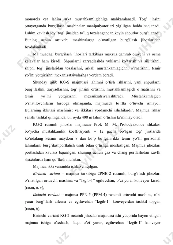 hkamlagichlarni o’rnatishni va temir yo’llarni yotqizishni o’zi yurar burg’ilash uskunalari yordamida, tog’ jinsini ortish esa ppn5 yoki ppm-4m rusumli ortuvchi mashinalar bilan amalga oshiriladi. kg-2 jihozlar majmuasi mustahkam tog’ jinslarida ikki temir yo’lli lahimlarni o’tishning bir oyda 240-330 metr tezligini ta’minlaydi. rasm. kg-2 rusumli jihozlar majmuasi kon lahimlarini o’tishni tashkil qilish va o’tish tezligi kon lahimlarini o’tish odatda smenalarga bo’lingan o’tish brigadasi tomonidan amalga oshiriladi. smenada ishlaydigan o’tuvchilarning har qaysi bir nechta kasbni egallagan, zaruriyat tug’ilganda bir birining o’rniga o’tish ishlarini bajaradigan tarkibda bo’ladilar. gorizontal lahimni bir hil mustahkam tog’ jinsdarida barpo etishni quyidagi asosiy sxemalar bo’yicha tashkil qilinadi: -asosiy o’tish amallarini, yani burg’ilash, zaryadlash, shpurlarni portlatish,kavlash joyini shamollatish, tog’ jinslarini ortish, doimiy mustahkamlagich o’rnatish ishlari ketma-ket bajariladi; -asosiy juda ko’p ishchi vaqtni talab qiladigan jarayonlar – shpurlarni burg’ilash, tog’ jinslarini yuklash, doimiy mustahkamlagichni o’rnatish ishlaridir. ishni ketma-ket sxemasi bo’yicha tashqil qilish sodda, bir vaqtda ishlaydigan o’tuvchilar soni ko’p bo’lmaydi …