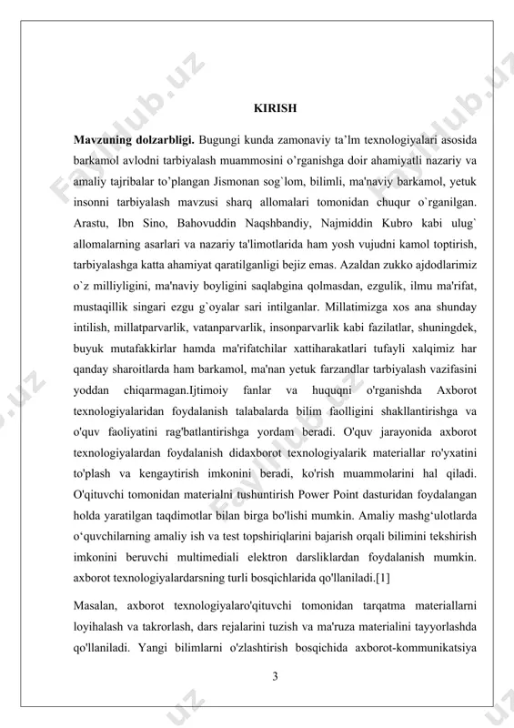 shadi. [2] o'rganilganlik darajasi. ijtimoiy fanlar va huquqshunoslik darslarida axborot texnologiyalaridan foydalanishning quyidagi shakllari mavjud: - word dasturida ishlash: hujjatli va uslubiy majmualar matnlari, testlar, testlar, didaxborot texnologiyalarik tarqatma materiallar va boshqalar. - power point dasturida ishlash: o'qituvchilar va talabalarning multimedia taqdimotlari, ma'ruzalarni qo'llab-quvvatlash, mustaqil ishlarni tashkil etish; - excelda ishlash: diagrammalar, jadvallar; - internet va ommaviy axborot vositalaridan foydalanish: qo'shimcha materiallar (matnlar, xaritalar, rasmlar); - nashriyotda ishlash: ma'lumotnoma va umumlashtiruvchi materiallar, sertifikatlar tayyorlash. axborot texnologiyalarqo'llabquvvatlanadigan darslarning quyidagi turlari ajratiladi: multimedia yordami bilan dars, kompyuter yordami bilan dars, internet resurslaridan foydalangan holda an'anaviy dars. multimedia yordami bilan dars (namoyish turidagi dars). o‘qituvchi bitta kompyuterdan “elektron doska” sifatida foydalanadi. dasturiy ta'minot sifatida juda ko'p miqdordagi fotosuratlar, videolar, audio materiallar, turli mavzulardagi ma'lumotlarni o'z ichiga olgan cd, dvd formatidagi tayyor dasturiy mahsulotlar materiallari ishlatiladi. kompyuterni qo'llab-quvvatlash bilan ishlash. sinf xonasida bir nechta kompyuterlar o'rnatilgan bo'lib, ular uchun o'quvchilar guruh bo'lib yoki navbat …
