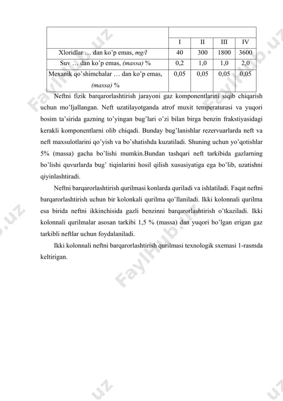 shi 8-suvli sovutgich –kondensatorda benzin bug’larini kondensatsiyalanishi uchun qulay sharoit yaratadi. neft tarelkadan tarelkaga qo’yilishi da yuqoriga ko’tarilayotgan qizigan bug’lar bilan to’qnashadi va yengil frakstiyalari ajrala boradi. kolonna pastki qismida temperatura 1-chi pech orqali stirkulyastiyalanayotgan barqarorlashgan neft issiqligi hisobidan 130-105 s da ushlab turiladi. barqarorlashgan neft kolonna pastidek 4-nasos yordamida 6-issiqlik almashtirgich orqali xaydaladi va u o’z issiqligini xom-ashyo neftga beradi.syongra barqaror neft 19-havoli sovutgichdan o’tib rezervuarga va neftni qayta ishlash zavodlariga jo’natiladi. 2-kolonna yuqorisidan chiqayotgan gazlar va bug’lar aralashmasi 8-sovutgich –kondensatorda sovutiladi. gazlar hosil bo’lgan kondensat bilan birgalikda 9-gaz -suv ajratgichga tushadi. gaz-suv ajratgichning yuqorisidan kondensatsiyalanmagan quruq (tetan, etan) gazlar qurilmadan chiqariladi. gaz chiqarish quvuriga 10-redukstion klapan o’rnatish orqali 2-kolonnada va 9-gaz-suv ajratgichda bosim barqarorligi saqlanadi. gaz-suv ajratgich vertikal ustunlarga bo’lingan bo’lib, qurilmaning pastki qismidan suv chiqariladi. ikkinchi yarimidan ugleodorodlar aralashmasidan iborat kondensat 11-nasos yordamida 17-issiqlik almashgich orqali xaydaladi. bu erda aralashma taxminan 70 s gacha qizdiriladi va shu …