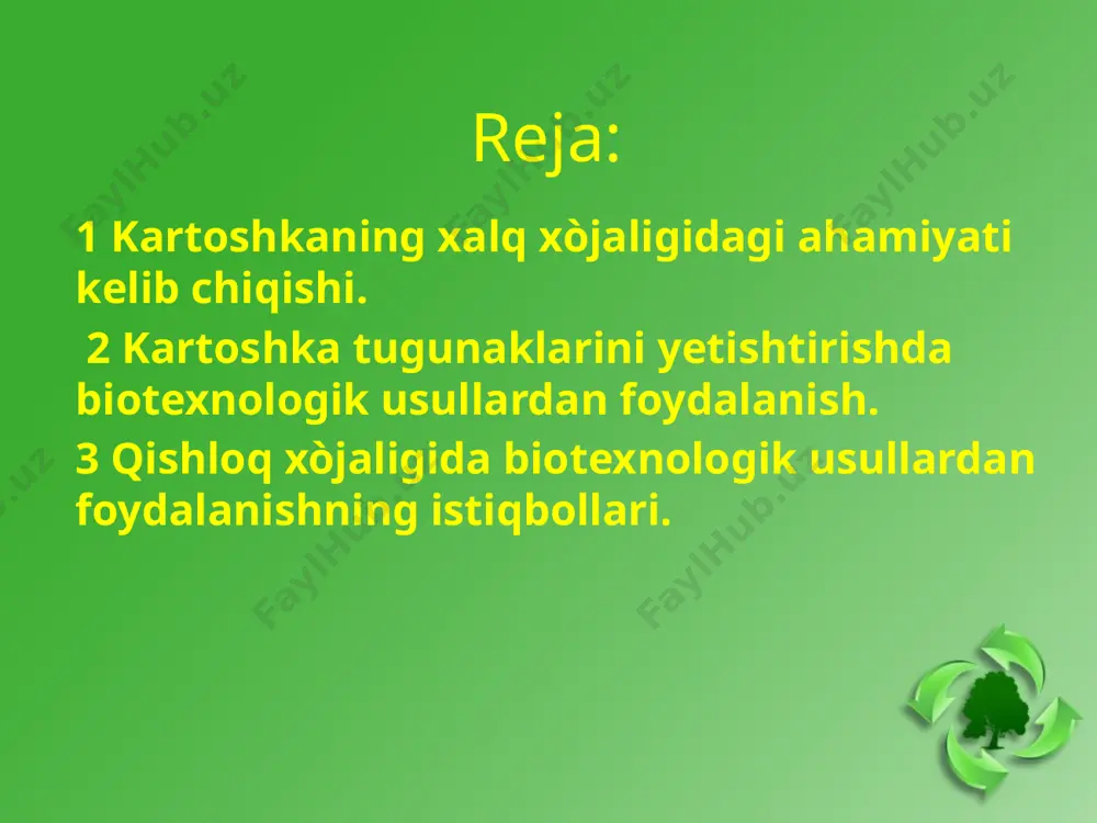 tema asosida sog’lomlashtirilgan o’simliklarni olish va ulardan yuqori sifatli urug’lik material yetishtirish uchun transplantasion qobiliyati yuqori va viruslar bilan qayta zararlanishga chidamli genotiplardan foydalanish yuqori samara beradi. tadqiqotlardan aniqlanishicha, tuganak o’simtasining eng uchki (0,1-0,3mm) qismi kartoshkani zararlovchi virus va bakteriyalardan holi ekanligi aniqlangan. o’simtaning bu qismini ajratib olib maxsus in vitro muhitida o’stirishning muvaffaqiyati uning tarkibi, usullari va ulardan to’g’ri foydalanish imkoniyatlarining ishlab chiqilishi bilan, ulardan olingan sog’lom o’simliklarni jadal ko’paytirish usullarining ishlab chiqilganligi bilan belgilanadi. bu esa, o’z navbatida viruslardan holi urug’chilikning samarasini aniqlaydi. umuman kartoshka seleksiyasi va urug’chiligida biotexnologiyaning ilmiy asoslangan samarali usullarini ishlab chiqish, ekinning genetik potensialini boyitish, super elita va elita yetishtirish uchun sog’lom dastlabki materialni yaratish. kartoshka seleksiyasi va urug’chiligida katta ahamiyat kasb etadi va maxsulot yetishtirishni oshirishga va halqning ehtiyojini qondirishga xizmat qiladi. kartoshka seleksiyasida ekin genofondini boyitish, ulardan samarali foydalanish asosida qimmatli xo’jalik va morfobiologik xususiyatlarga ega ekin shakllarini yaratish, uchki meristema transplantantlarini …