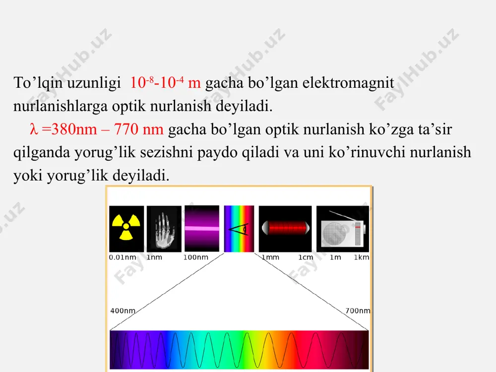 in kuzatiladi. difraksion panjara - dl -difraksion panjara doimiysi difraksion panjara – bir-biriga yaqin joylashgan ko’p sonli parallel tor tirqishlar to’plamidir. qo’shni tirqishlar orasidagi masofa -d- panjaraning davri deyiladi. davri o’zgarmas va barcha tirqishlarning kengligi bir xil bo’lgan panjara muntazam panjara deyiladi. difraksion panjaralarni shisha plastinka yoki metal ko’zgu sirtiga ingichka shtrixlar chizish yo’li bilan tayyorlanadi.birinchi usulda tayyorlangan panjaralar shaffof panjaralar, ikkinchi usulda tayyorlangan panjaralar esa qaytaruvchi panjaralar deyiladi. shtrixlar bo’luvchi mashina yordamida olmosli kesgich bilan chiziladi.eng yaxshi difraksion panjarada 1mmda 1200-1700 shtrix bo’ladi. binafsha rangining difraksiya burchagi qizil ranginikidan kichik bo’ladi. dispersiya spektrida qizil rang eng ko’p siljigan, binafsha rang eng kam siljigan bo’ladi. yorug’lik difraksiyasi misoli zvezdi kompakt-disk yorug’likning yutilishi yorug’lik moddadan o’tganda uning zarrachalari bilan o’zaro ta’sirlashadi. yorug’lik energiyasini moddaning ichki energiyasiga o’tishi – yorug’likning yutilishi deyiladi. yorug’lik moddadan o’tganda uning intensivligi kamayadi. d qalinlikdagi modda berilgan bo’lsin j0 jd j0- tushayotgan yorug’lik intensivligi jd- chiqayotgan yorug’lik …