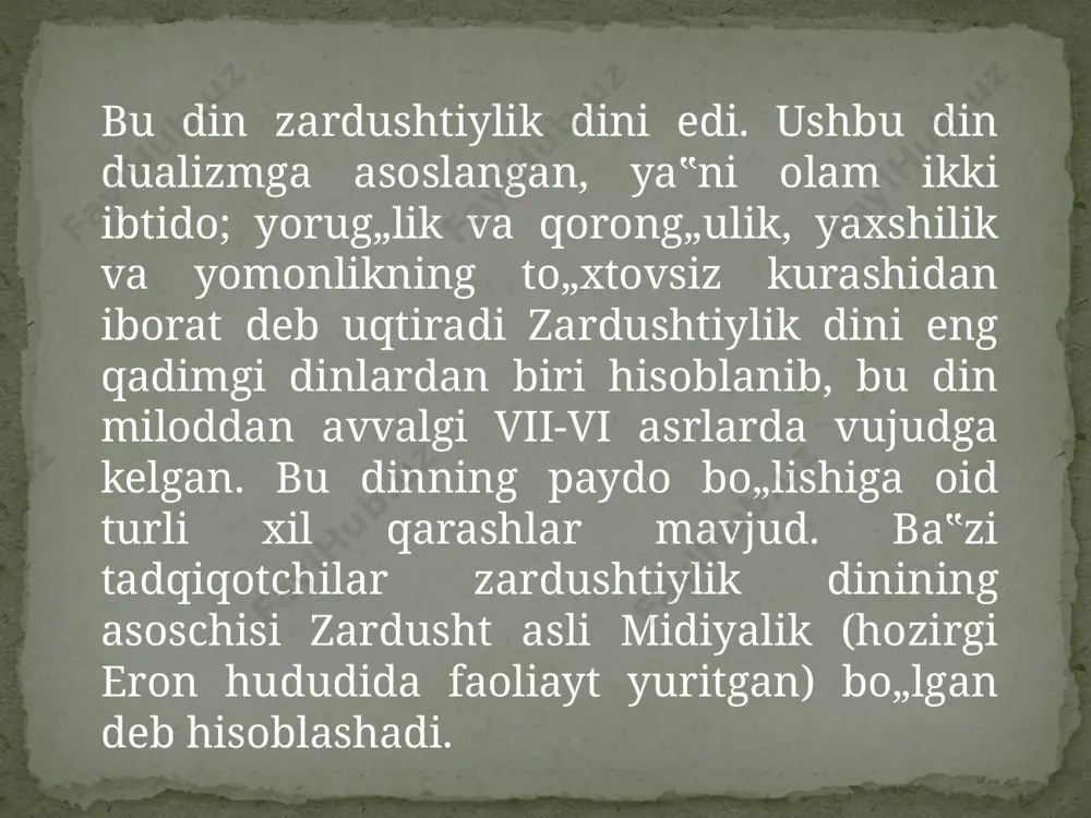 i. zaratushtra 77 yoshida vafot etgan va uning hayot sanasi miloddan avvalgi vii-vi asrga to„g„ri keladi. zardushtning tug„ilgan joyi haqida avestoda hech qanday ma‟6lumotlar yo„q. manbaga ko„ra zardushtning diniy nasihatlari o„z vatanida tarafdorlarini topmagan. shuning uchun ham yangi din asoschisi o„z yurtidan qochishga majbur bo„ladi. avestoning “goxlari” bobida shunday deyilgan; “qay tomonga, qaysi yurtga qochib qutulsam, meni kohinlardan va jangchilardan ajratib qo„ydilar, jamoa meni quvnatmaydi, mamlakatlarning yovuz sardorlari meni qabul qilmaydilar”. oxir – oqibat zardushtni baqtriya hukmdori kavi vishtaspa qabul qiladi. vishtaspaning uzoq va yaqin qarindoshlari zardusht ta‟limotiga juda ham qiziqqanlar va uning e‟tiqodini qabul qilishgan. e`tiboringiz uchun raxmat /docprops/thumbnail.jpeg