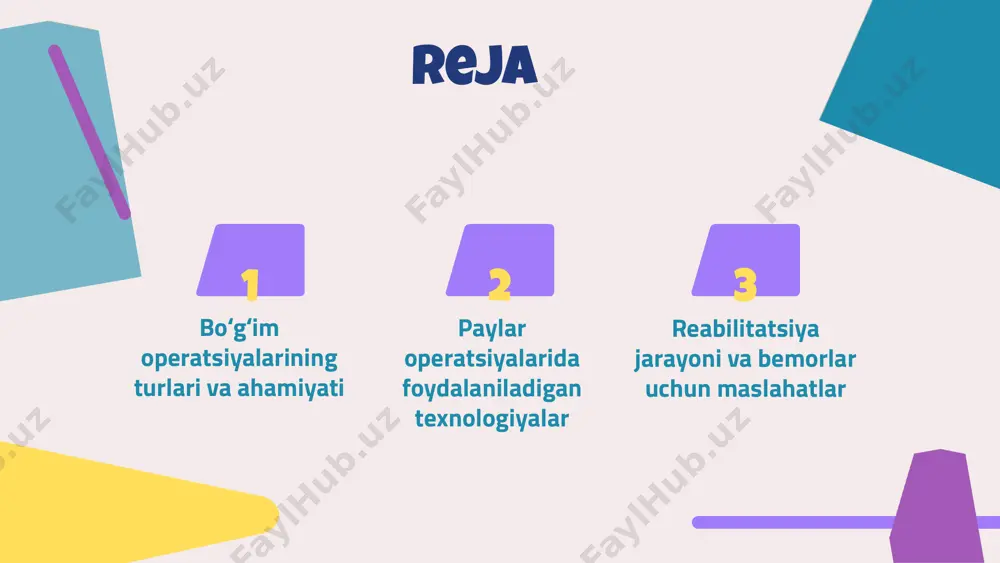 ni ta'minlaydi, jarrohlik jarayonini optimallashtiradi. 3. 3d tasvirlash: ushbu texnologiya jarrohga aniq va batafsil tasvirlarni taqdim etadi, bu esa jarrohlik jarayonini yaxshilaydi. har bir texnologiyaning afzalliklari - laparoskopik jarrohlik: minimal og'riq, tez tiklanish. - robotli jarrohlik: yuqori aniqlik, jarrohlik xatolarini kamaytirish. - 3d tasvirlash: aniq ko'rinish, jarrohga yaxshiroq rejalashtirish imkoniyati. yaxshilangan natijalar zamonaviy texnologiyalar yordamida jarrohlik jarayonlari yanada muvaffaqiyatli bo'lib, bemorlarning tiklanish vaqti sezilarli darajada qisqaradi. shuningdek, og'riq darajasi ham kamayadi, bu esa bemorlar uchun qulaylik yaratadi. rasm yoki diagramma ushbu slaydda laparoscopic va robotli jarrohlik jarayonlarini ko'rsatadigan diagramma yoki rasm qo'shiladi, bu esa texnologiyalarning samaradorligini vizual ravishda tasdiqlaydi. paylar operatsiyalarida foydalaniladigan texnologiyalar texnologiyalarning roli texnologiyalar, paylar operatsiyalarida, jarrohlik jarayonining samaradorligini oshirishda muhim rol o'ynaydi. ular jarrohlarga aniq va tezkor qarorlar qabul qilish imkonini berib, bemorlar uchun xavfsizroq va samaraliroq muolajalarni ta'minlaydi. zamonaviy texnologiyalar tahlili zamonaviy texnologiyalar, masalan, 3d bosma uskunalar va robotlar, jarrohlik usullarini yanada takomillashtiradi. bu texnologiyalar jarrohlik …