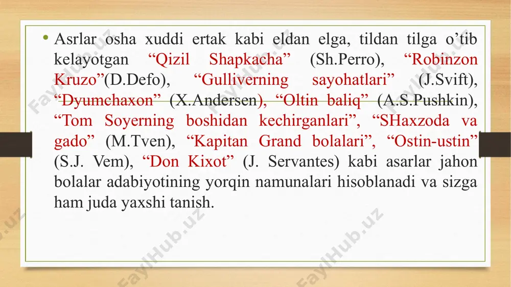 bolalarni xuddi qizil shapkacha kabi oddiy va quvnoq bo’lishga chaqiradi va kattalarning har bir topshirig’ini so’zsiz bajarishga da’vat etadi. shari perroning bundan tashqari “havorang soqol”, “eshak terisi”, “uyqudagi malika” kabi ertaklari ham xuddi “qizil shapkacha” ertagi kabi kabi bolalarbopdir. ertak tinglovchi har bir bola voqeani mana shunday ijobiy tugashini xush ko’radi, quvnoq qizil shapkachaning bo’riga yem bo’lishini aslo xohlamaydi. sharl perro ertaklarining umrboqiyligi va jahongashtaligi ham ana shundadir aka-uka (yakob 1785-1863, vilgelm 1786-1859) grimmlar yozuvchilar germaniyaning hanau shahrida advokat oilasida tug‘ilganlar. tug'ilgandan boshlab, aka-uka juda do'stona edi va ularning do'stligi bir umr davom etdi. 1796-yilda ota grimm vafot etdi va faqat xolasining yordami bilan yakub va vilgelm kassel litseyida o'qishni tugatdilar. ularning rivojlanishidagi navbatdagi qadam marburg universitetida o'qish bo'ldi, u erda yozuvchilar huquqshunoslikni o'rgandilar. aka-uka (yakob 1785-1863, vilgelm 1786-1859) grimmlar magdeburg universitetida o’qib yurgan chog’laridayoq o’rta asr olmon tarixi va madaniyati, huquq va mifologiyasi, xalq og’zaki ijodi hamda til va …