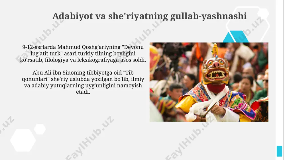 ma'naviy kamolotiga intilish, nafsni tiyish va allohga muhabbat orqali jamiyat axloqini yaxshilashga katta hissa qo'shdi. tasavvuf ta'limotlari, ayniqsa xoja ahmad yassaviy va hakim termiziy kabi mutafakkirlar asarlari orqali, o'zbek adabiyotining shakllanishida muhim rol o'ynadi, 100 dan ortiq hikmatlarni yaratdi. e'tiboringiz uchun rahmat @slaydtayor_bot image2.jpg image3.jpg image4.jpg image5.jpg image6.jpg image7.jpg image8.jpg image9.jpg image10.jpg image11.jpg image12.jpg image13.jpg image14.jpg image15.jpg image16.jpg image17.jpg