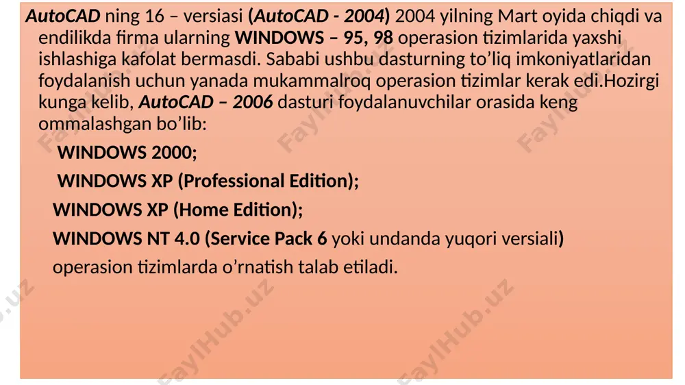 rafikasi asoslari (ma’ruzalar matni). samarqand, 2008 y. -105 bet. xulosa mazkur ish davomida autocad dasturining asosiy imkoniyatlari va uni amaliyotda qo‘llash usullari o‘rganildi. jumladan, qog‘oz formati (xususan, a4 formati) va burchak shtampini chizish bo‘yicha bosqichma-bosqich amaliy mashg‘ulotlar bajarildi. bu orqali dasturda chizma yaratish, o‘lchamlar bilan ishlash, qatlamlar (layers), matn va chizmalarga izohlar qo‘shish, bloklar yaratish, miqyos bilan ishlash kabi asosiy funksiyalar bilan tanishildi. autocad dasturi zamonaviy muhandislik va loyihalash sohalarida eng ko‘p qo‘llaniladigan dasturlardan biridir. uning yordamida foydalanuvchilar chizmalarni yuqori aniqlikda, aniq standartlarga muvofiq tarzda yaratishi, saqlashi, tahrirlashi va taqdim etishi mumkin. ayniqsa, qog‘oz formati va shtamp bilan ishlashda autocad foydalanuvchiga to‘liq nazorat, moslashuvchanlik va qulaylik yaratadi. qog‘oz formati va shtampni to‘g‘ri tashkil qilish chizmaga professional ko‘rinish beradi, hujjat yuritishda tartibni ta'minlaydi va loyiha ishtirokchilari o‘rtasidagi axborot almashinuvini osonlashtiradi. shu boisdan ham, har qanday texnik chizma oldidan qog‘oz formati va shtampni to‘g‘ri va aniq chizish muhim hisoblanadi. umuman olganda, autocad …