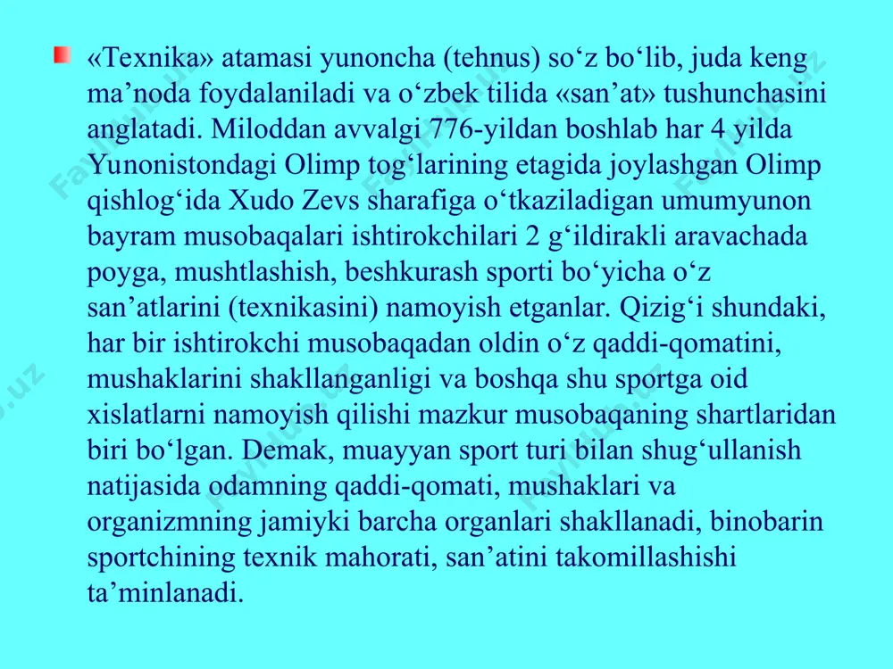‘yicha nazariy ma`lumotlarga ega qilish. yuqori texnik mahorat belgilari quyidagilar bilan ifodalanadi: - harakat usullarining aniq va samarali bajarilishi; - xalal beruvchi omillar (charchash, tashqi sharoitning salbiy ta’sirlari) mavjudligida harakatlarning bajarilish barqarorligi; - raqib harakatlariga qarab javob harakatlarini tanlash, ularni qayta qurish va bunda harakat qismlarini boshqara olish; - usullarning bajarilish ishonchliligi. voleybol taraqqiyotining har xil davrlarida texnik harakatlarni bajarish usullari, talablari, shakli, mazmuni o‘zgaradi va takomillashib boradi. texnik usullarning o‘zgarishiga o‘yin qoidalarining o‘zgarishi, taktik harakatlarning takomillashuvi, o‘yinchilar jismoniy tayyorgarligi darajasining o‘sib borishi asosiy sabab bo‘ladi. hujum va himoyadagi o‘yin dinamikasining o‘sishi, harakatlar potensialining oshib borishi, hujum va himoyadagi kombinatsiyalar arsenalining kengayishi ham texnik usullarni yangilashga yoki qayta qurishga turtki bo‘ladi. voleybol o‘yinida harakatlanish texnikasi va to‘pni boshqarish texnikasi haqida nazariy ma`lumotlarga ega qilish. voleybol o‘z mohiyati, mazmuni va xususiyati bilan boshqa sport o‘yinlaridan farq qiladi. voleybol o‘yini nisbatan kichik bo‘lgan, ya’ni o‘rtasidan teng ikkiga bo‘lingan 18x9 metrli to‘g‘ri burchakli …