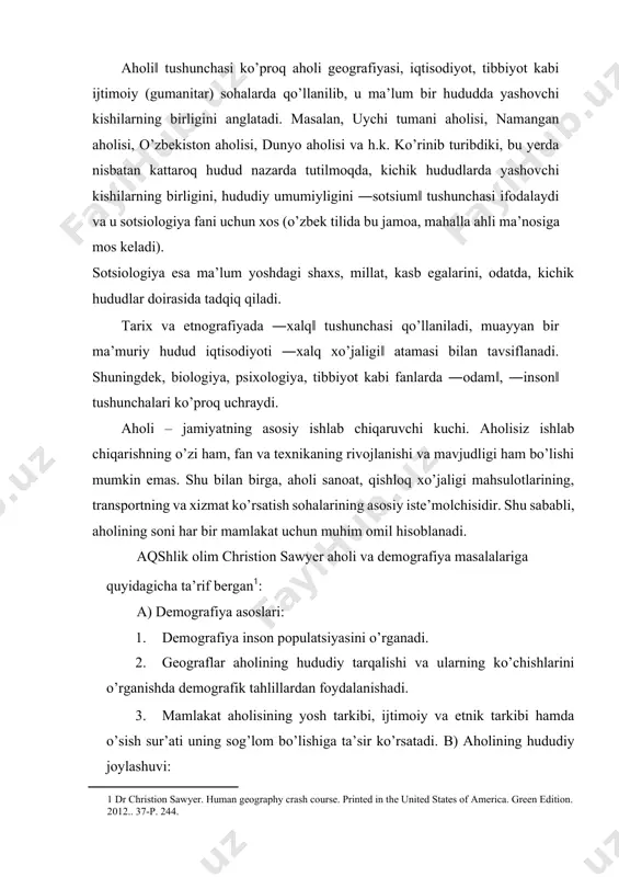 soslari: 1. demografiya inson populatsiyasini o’rganadi. 2. geograflar aholining hududiy tarqalishi va ularning ko’chishlarini o’rganishda demografik tahlillardan foydalanishadi. 3. mamlakat aholisining yosh tarkibi, ijtimoiy va etnik tarkibi hamda o’sish sur’ati uning sog’lom bo’lishiga ta’sir ko’rsatadi. b) aholining hududiy joylashuvi: 1. aholining hududiy joylashuvi aholining yer yuzasi bo’ylab taqsimlanishida o’ziga xos shakllarni hosil qilgan. 2. insoniyat tarixi davomida aholi notekis taqsimlangan. 3. aholi ko’pincha suv havzalari va haydaladigan yerlar kabi hayot bilan ta’minlaydigan resurslar atrofida to’planadi. kam o’zlashtirilgan hududlarda, misol uchun sahrolarda aholi kam yashaydi: · jami aholining deyarli 75 foizi yer yuzasining faqat 5 foizida yashaydi; · yer shari aholisining taxminan 50 foizi shaharlarda va qolgan yarmi qishloqlarda yashaydi; · aholi joylashuvidagi hududiy farqlar insoniyat tarixining ko’p davrida, asosan, shahar joylarda emas, balki qishloqlarda yashaganligini aks ettiradi. c) global aholi taqsimlanishi: 1. dunyo aholisining deyarli 80 foizi lotin amerikasi, afrika va osiyodagi rivojlanayotgan davlatlarda yashaydi. 2. 1 mlrd kishidan ko’proq …