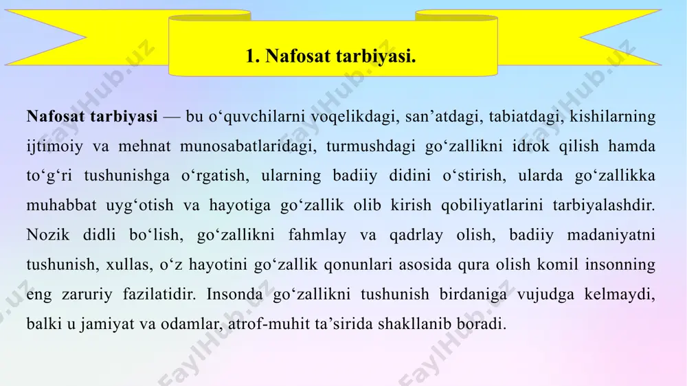 osat tarbiyasi bugungi kunda shuning uchun ham muhimki, did-farosatlilik mehnatda, ishlab chiqarishda, kundalik amaliy faoliyatda har bir inson uchun hayotiy ehtiyojga aylanib qolgan. did-farosat har bir insonning xatti-harakatida, kiyinishida yurish-turishida, kishilarga bo‘lgan munosabatida, jamiyatdagi u yoki bu voqealarga yondashishida va hokazolarda yaqqol bilinadi. ba’zan hayotda didi past, ma’naviy qashshoq kishilarni uchratamiz. donolardan biri go‘zallik axloq-odobning tug‘ishgan singlisidir, degan edi. darhaqiqat, bu juda to‘g‘ri ta’rif. odatda odob va nafosat tarbiyasi o‘zaro chambarchas bog‘liq holda amalga oshiriladi. chunki nafosat tarbiyasining natijasi axloq-odobda, chiroyli xattiharakat, go‘zal munosabatda va hayotga, kelajakka, insonlarga, tabiatga muhabbatda ko‘rinadi. 2. odob va nafosat tarbiyasi xalqimiz: „kamtarlik ham husn“, deydi. mana shu birgina iborada chuqur ma’no bor. nafosat tarbiyasi tufayli yoshlarda kamtarlik xislati tarkib topadi. bu xislat kishilarning eng go‘zal, eng chiroyli belgisidir. „kishining chiroyi yuzida“, deydi xalqimiz. bir go‘zal tabassum kishilarga misoli quyosh bo‘lib, qalblarga iliq nur taratadi. kishi biror asarni o‘qib, chehrasi yorishib ketadi. yoki yoqimli biror …