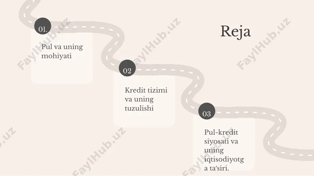 i valyutalar va onlayn to'lov tizimlari jamiyatda moliyaviy operatsiyalarni tez va qulay o'tkazish imkoniyatini yaratadi. bu o'zgarishlar pulning kelajakdagi shakllarini belgilab beradi. pulning kelajakdagi istiqbollari ko'p jihatdan texnologik rivojlanish va global iqtisodiyotga bog'liq. yaqin kelajakda raqamli va kripto pullarning yanada keng tarqalishi kutilmoqda, bu esa moliyaviy tizimlar va iqtisodiy munosabatlarga yangi yo'nalishlar kiritadi. kredit tizimining asosiy tushunchalari kredit tizimi – bu moliya muassasalari, kredit beruvchilar va oluvchilar o'rtasidagi munosabatlarni boshqaradigan tizimdir. asosiy vazifalari: 1. kreditlarni taqdim etish; 2. moliyaviy resurslarni jalb qilish; 3. iqtisodiy rivojlanishni qo'llab-quvvatlash. kredit tizimi iqtisodiyotda muhim rol o'ynaydi, chunki u investitsiyalarni rag'batlantiradi va iqtisodiy barqarorlikni ta'minlaydi. asosiy elementlari: banklar, kredit uyushmalari va boshqa moliyaviy institutlardir. kredit tizimining yaxshi ishlashi iqtisodiy o'sish va rivojlanish uchun zarurdir. kredit tizimining tuzilishi kredit tizimi, moliyaviy muassasalar va kredit resurslarini boshqarish uchun zaruriy tarkibiy qismlardan iborat. asosiy tarkibiy qismlar: banklar, kredit ittifoqi, investitsiya kompaniyalari va mikromoliyalash muassasalari. har bir muassasa o'zining …