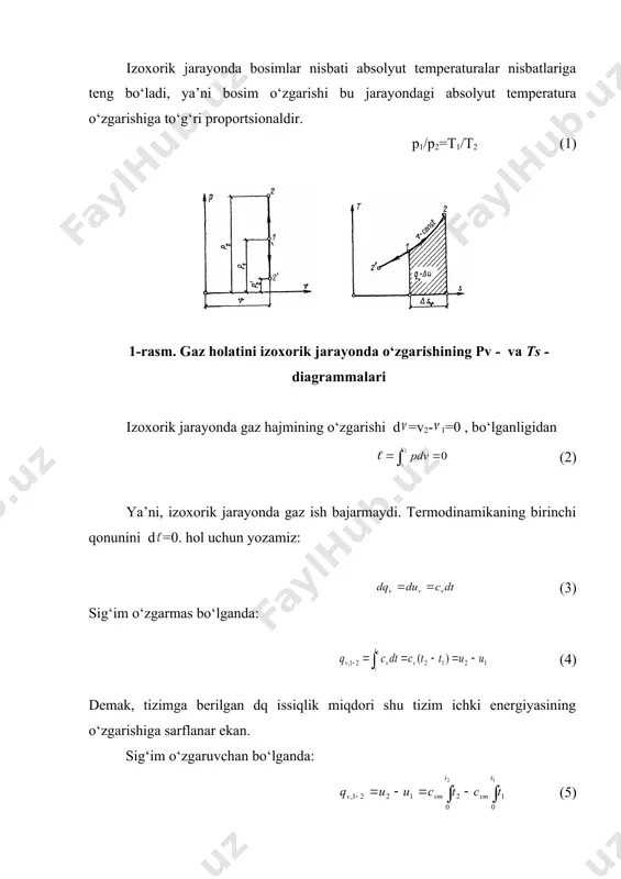 agrammalari shundan ko‘rinib turibdiki, agar temperaturalar farqi 1( bo‘lsa, universal gaz doimiysi izobarik jarayonda tizimning bajargan ishini tavsiflar ekan. izobarik jarayon uchun termodinamikaning birinchi qonunini (p=const, yoki dp=0) yozamiz: dqp=cpdt=dh (10) demak, izobarik jarayonda tizimga keltirilgan issiqlik miqdori (p=const) quyidagiga teng: (11) sig‘im o‘zgaruvchan bo‘lsa: (12) izobarik jarayonda tizimga uzatilgan issiqlik miqdori entalpiyaning o‘zgarishiga teng ekan. demak, izobarik jarayonda termodinamik tizimga uzatilgan issiqlik miqdori asosan shu tizim ichki energiyasining ortishiga va oz qismi tashqi mexanik ish bajarishga sarf bo‘lar ekan. izobarik jarayon uchun sig‘im o‘zgarmas bo‘lganda entropiyaning o‘zgarishi quyidagi tenglama orqali aniqlanadi: s2-s1=cplnt2/t1-rlnp2/p1 lekin, p=const uchun ln p2/p1=0. shuning uchun (13) 3-rasm. izoxorik va izobarik jarayonlarning ts-diagrammasi (6) va (13) tenglamalarni taqqoslashdan ko‘rinib turibdiki, agar temperaturalar t1 dan t2 gacha o‘zgarganda (sp>(s v bo‘ladi, chunki sp > sv. shu sababli izoxora grafigi izobaraga nisbatan tikroq bo‘ladi (3-rasm). demak, termodinamik tizimlarga bir xil miqdorda issiqlik energiyasi berilsa ham, entropiyaning o‘zgarishi izoxorik …