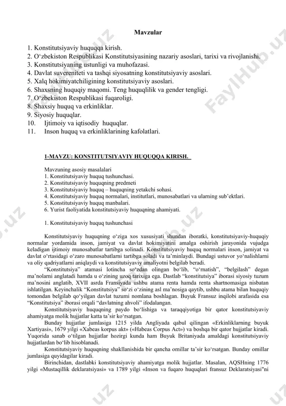 si orqali “davlatning ahvoli” ifodalangan. konstitutsiyaviy huquqning paydo bo‘lishiga va taraqqiyotiga bir qator konstitutsiyaviy ahamiyatga molik hujjatlar katta ta’sir ko‘rsatgan. bunday hujjatlar jumlasiga 1215 yilda angliyada qabul qilingan «erkinliklarning buyuk xartiyasi», 1679 yilgi «xabeas korpus akt» («habeas corpus act») va boshqa bir qator hujjatlar kiradi. yuqorida sanab o‘tilgan hujjatlar hozirgi kunda ham buyuk britaniyada amaldagi konstitutsiyaviy hujjatlardan bo‘lib hisoblanadi. konstitutsiyaviy huquqning shakllanishida bir qancha omillar ta’sir ko‘rsatgan. bunday omillar jumlasiga quyidagilar kiradi. birinchidan, dastlabki konstitutsiyaviy ahamiyatga molik hujjatlar. masalan, aqshning 1776 yilgi «mustaqillik deklaratsiyasi» va 1789 yilgi «inson va fuqaro huquqlari fransuz deklaratsiyasi"ni misol qilib ko‘rsatish mumkin. amerikaning mustaqillik deklaratsiyasida ilk bor «xalq davlat hokimiyatning manbaidir» degan konstitutsiyaviy qoida mustahkamlangan edi. fransuz deklaratsiyasining 16-moddasida esa «inson huquqlari va erkinliklarining kafolatlari va hokimiyat vakolatlarini taqsimlash prinsipiga ega bo‘lmagan xalq konstitutsiyasiga ega bo‘lmaydi», deb ta’kidlangan. ikkinchidan, insoniyat huquqiy tafakkurining mahsuli va umuminsoniy huquqiy qadriyat hisoblanadigan huquqiy nazariya va ta’limotlar. masalan, inson huquqlarining …