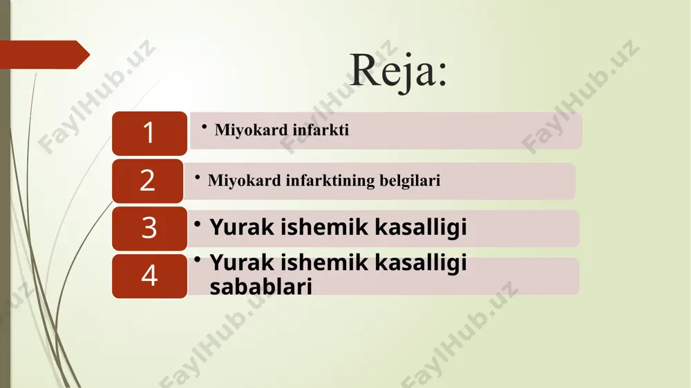 yish uchun elektrokardiografik tekshirish va qonda o'ziga xos fermentlar aspartat aminotransferaza (ast), kreatin fosfokinazalar (cpk) to'planishini aniqlash juda muhimdir. shubha tug'ilganda yurakning ekokardiyografi, radioizotop (sintigrafiya) yoki rentgenologik (koronar) tekshiruvi o'tkaziladi. miyokard infarktini davolash birinchi yordam. ko'krak qafasi og'rig'i bilan og'rigan odamga, birinchi navbatda, xotirjamlik kerak. bemalol karavotga boshini biroz ko‘tarib yotqizadilar, nafas olishini qiyinlashtiradigan kiyimlarning tugmalari ochiladi, toza havo ochiladi. tez yordam kelguniga qadar bemorga til ostiga nitrogliserinli tabletka (0,0005 g) beriladi. bunday hollarda validolning amal qilish muddati etarli emas. miyokard infarktidan shubha qilingan barcha bemorlar tez yordam bo'limiga yuborilishi kerak. bemorni tashish uchun zambildan foydalanish kerak. davolanish qanchalik tez boshlansa, shuncha yaxshi bo'ladi, chunki ba'zida yurak xurujining boshlanishi o'z vaqtida dori-darmonlar yoki jarrohlik yo'li bilan to'xtatilishi mumkin. kasalxonada davolanish koronar o'tkazuvchanlikni (qisman) tiklashga qaratilgan. va u qon pıhtılarını eritadigan, miyokard qon ta'minotini yaxshilaydigan, antiaritmik va analjezik dorilarni qo'llash bilan tomir terapiyasi kursini o'z ichiga oladi. kasallikdan keyin reabilitatsiya yurak …