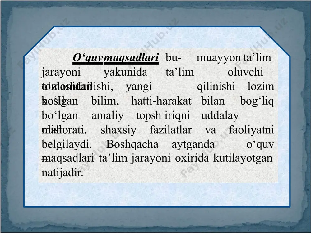 di; savol-javob jarayonida boshqa o‘quvchilarga takrorlanish bo‘ladi; bilim, ko‘nikma mustahkamlanadi; mashg‘ulotning va malakalar egallanadi hamda qaysi bo‘lagiga yaxshiroq e’tibor berish kerakligi ma’lum bo‘ladi; o‘qituvchi o‘z kamchiliklarini anglaydi; o‘quvchi o‘zining nimalarga qodir ekanligini biladi; davlat ta’lim standartlarining bajarilish darajasi aniqlanadi; ta’lim oluvchining o‘rtoqlari, ota-onasi uning faoliyati xaqida ma’lumotga ega bo‘ladi. nimani baholash kerak? qachon baxolosh kerak? baholashning asosiy xususiyatlari: ta’lim maqsadiga yo‘nalganlik; muntazam o‘tkazib borish; pedagogik, psixologik, huquqiy tamoyillarga asoslanganlik; umumiy qabul qilingan natija standartlariga asoslanganlik. mezonga asoslangan (absolyut) baholash me’yorga asoslangan (nisbiy) baholash kasbiy ko’nikma va malakalarni baxolash ikki shakilda amalga oshirilishi mumkin: mezonga asoslangan (absolyut) baholash- bu, bilim, ko‘nikma va malakalarni, o‘quv maqsadlarini hisobga olib, oldindan belgilangan va hamma uchun bir bo‘lgan mezonlar asosida baholashdir. me’yorga asoslangan (nisbiy) baholash-bu, bilim oluvchilarning erishgan natijalarini o‘zaro taqqoslash orqali baholashdir. baholashdagi xatoliklar hayrixohlik xatosi-faoliyatni yuqori baholashga olib keladi; yuqori talab qo‘yish xatosi-o‘quvchi faoliyatiga qo‘yilgan baho xaqiqiysiga nisbatan past bo‘lishiga sabab bo‘ladi; o‘rtacha …