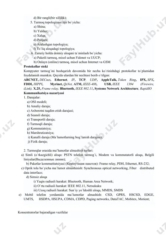 yordami bilan yo`l ochuvchi kompyuter konstruksiyasi; foydalanuvchining grafik interfeysi(graphical user interface, gui): monitorning elementlarini taqdim etuvchi dasturiy funksiya; dialogli interfeys; yagona tilli interfeys: foydalanuvchi dastur bilan uning ona tilisida “gaplasha oladi”. miya interfeysi (in english: brain- computer interface) – kompyuter elektordlar va miyaga o`rnatilgan retseptorlar yordamida foydalanuvchi miyasidagi o`zgarishlarga mos ravishda ovoz va nurlanishni boshqarib turishga javobgar bo`ladi. fizik interfeys – bu fizik qurilmalar bilan ishlash muhiti. bu muhit haqida gapirilganda asosan kompyuter portlari tushuniladi: tarmoqli interfeys; shlyuz (telekommunikatsiya) – mahalliy tarmoqlarni undan kattaroq tarmoqlar bilan, misol uchun internet, bog`lovchi qurilma; shina(kompyuter); com interfeys (component object model interface) – mavhum funksiyalar va xususiyatlarni shu interfeys komponentalari orqali boshqa dasturlarda aniq funksiya ko`rinishida qo`llash imkonini beradi; ma’lumotlar almashish uslubiga ko`ra interfeys parallel va interfeyslarga bo`linadi 4.kompyuter tarmog`i (hisoblash tarmog`i, ma`lumotlar almashish tarmog`i) – ikki yoki undan ortiq kompyuterlar o`rtasidagi aloqa tizimidir. ma`lumotlar almashish turli xil fizik hodisalarni qo`llash orqali amalga oshiriladi: …
