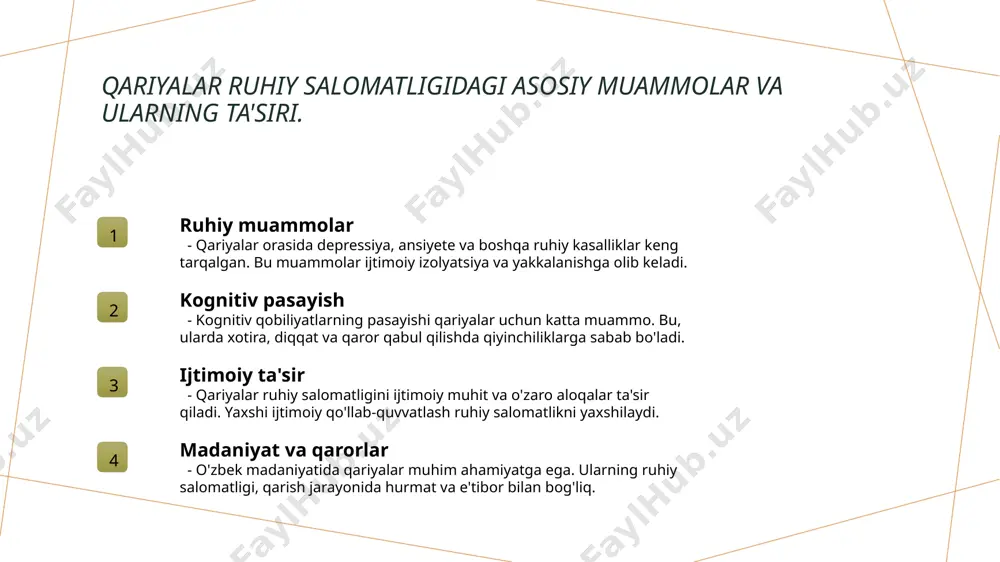 sixologik yordamlashuv muhim o'rin tutadi. psixologlar va mutaxassislar qariyalar bilan individual va guruh sessiyalar o'tkazishadi. 3 ta'lim va resurslar ta'lim dasturlari va resurslar, masalan, seminarlar va treninglar, qariyalar uchun ruhiy salomatlikni mustahkamlashda qo'llaniladi. bu resurslar o'zaro yordam va bilim almashishga imkon beradi. o'zbek jamiyatida qariyalar: ruhiy salomatlik va ijtimoiy muhitning ta'siri. 1 ruhiy salomatlik muhimligi o'zbek jamiyatida qariyalar uchun ruhiy salomatlik, ijtimoiy va psixologik qo'llab-quvvatlash orqali farovonlikni oshiradi, hayot sifatini yaxshilaydi. 2 ijtimoiy muhit ta'siri qariyalar ijtimoiy muhitda faol ishtirok etishi ruhiy salomatlikka ijobiy ta'sir ko'rsatadi. oila va jamiyat qo'llab-quvvatlashi zarur. 3 madaniy qadriyatlar o'zbek madaniyatida qariyalarni hurmat qilish urf-odatlari, ularning ruhiy salomatligini saqlashda muhim rol o'ynaydi, ijtimoiy izolyatsiyani kamaytiradi. qarishga munosabatlar: o'zbek madaniyatidagi urf-odatlar va qadriyatlar. 1 qariyalar va jamiyat o'zbek madaniyatida qariyalar ko'plab hurmatga sazovor shaxslar sifatida qaraladi. ularning tajribasi va hikmatiga katta ahamiyat beriladi. 2 urf-odatlar va qadriyatlar o'zbek urf-odatlarida qariyalarni yuksak maqomda tutish, ularni e'zozlash va …