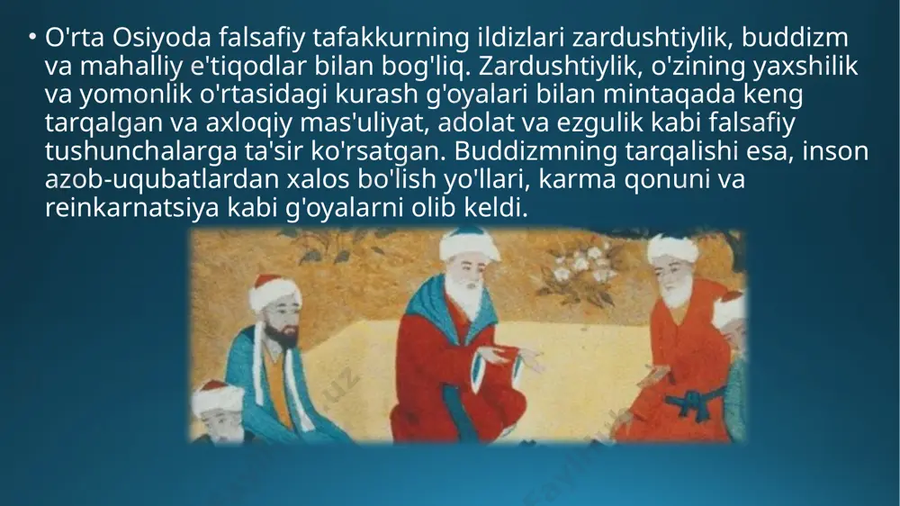 chlari- yahshilik va yomonlik, yorug’lik va zulmat, issiqlik va sovuqlik, hayot va o’lim borasidagi qarashlar o’z ifodasini topgan. «avesto»da, shuningdek, tabiat falsafasi, tarih, etika, tibbiyotga oid ma`lumotlar ham berilgan. falsafa tarixida makedoniyalik aleksandr (eski o’zbek tilida iskandar deyilgan) istilosi va grek-baqtriya davri falsafasi ham halqimizning taraqqiyot tarixida muhim o’rin tutgan. manbalarda aleksandr qo’shini mahalliy halqlarning qattiq qarshiligiga uchragani, u «avesto»ning ko’pgina qismini yondirib yuborgani haqida ma`lumotlar bor. bugungi kungacha ham ayrim tarihchilar aleksandr «avesto»ning tilini bilmagani, uni o’qiy olmagani sababli bu kitobning qadrqimmatini tushunmagan va uni yoqish tug’risida ko’rsatma bergan, degan fikrlarni bayon etadilar. 13 aslida unday emas. bu — tarixiy haqiqatni, garchand u kimlar uchundir achchiq va kimlar uchundir ibratli bo’lsa-da, haspo’shlashga urinishdan boshqa narsa emas. negaki, aleksandr o’z zamonida fanlarning otasi deb nom olgan falsafani fan darajasiga ko’targan, buyuk donishmand sifatida yetti iqlimda tan olingan arastudan 20 yil mobaynida muttasil ta`lim olgan edi. binobarin, shoh filippning o’g’li aleksandrni …