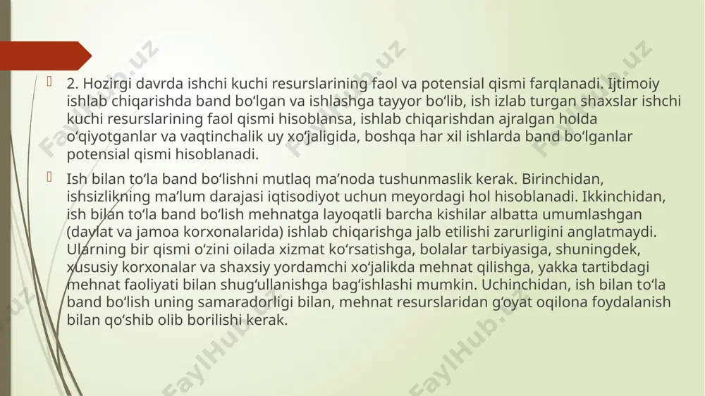 ta’sir о‘tkazishi mumkin. jumladan, ishsizlikni ba’zi turlarining uzoq muddatli tavsifi ishchilarning о‘z malakalarini yо‘qotishlari hamda daromad va ijtimoiy mavqei jihatidan aholining nisbatan past toifasiga о‘tib qolishiga olib keladi. 5. bozor munosabatlariga о‘tish davrida davlatning ijtimoiy siyosati faqat jamiyat a’zolarining manfaatlarini ishonchli ravishda himoya qilishdangina iborat bо‘lmasdan, balki mavjud ishchi kuchlarining ish bilan bandligini ta’minlashni ham о‘z ichiga oladi. mamlakatimizda ishchi kuchi bandligi samaradorligini ta’minlash uchun davlatni bandlik siyosatining quyidagi yо‘nalishlarini kuchaytirish maqsadga muvofiqdir: - oilaviy biznes va kichik xususiy korxonalarni rivojlantirishni jadallashtirishni ta’minlash; - mazkur maqsadlarda mikrokreditlash tizimini rag‘batlantirish; - yirik sanoat korxonalari va nisbatan kichikroq bо‘lgan ishlab chiqarish korxonalari bilan kasanachilikni kengaytirish asosidagi kooperatsiyani rivojlantirish imkoniyatlaridan keng qamrovli foydalanish; - mahalliy xomashyoni puxta qayta ishlashga va tayyor, raqobatga bardoshli mahsulot ishlab chiqarishga yо‘naltirilgan yengil va oziq-ovqat qayta ishlash sanoatining kо‘p mehnat talab qiladigan tarmoqlarini jadal rivojlantirish; - xizmat kо‘rsatish sohalarini rivojlantirish, qishloq joylarida qishloq xо‘jaligiga taalluqli bо‘lmagan bandlik sohalarini …