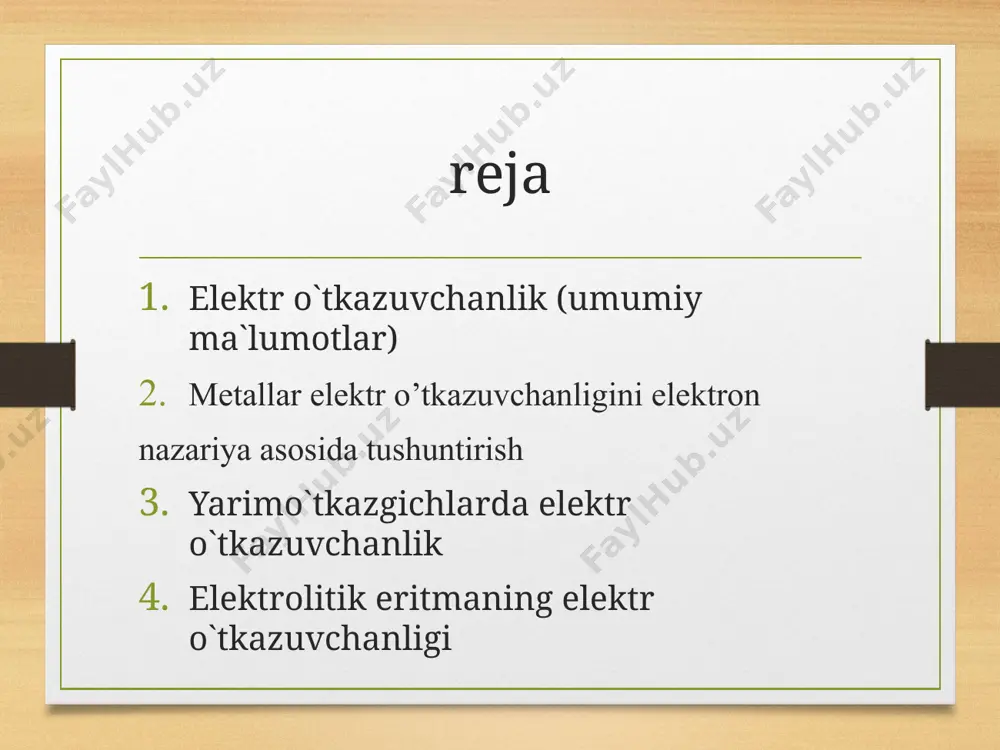 ki parallel elektrod orasiga joylashgan eritmaning elektr o’tkazuvchanligi ayni elektrolit eritmasining solishtirma elektr o’tkazuvchanligidir. solishtirma elektr o’tkazuvchanlik om-1 . sm-1 bilan ifodalanadi. bir gramm ekvivalent modda uchun hisoblangan elektr o’tkazuvchanlik o’sha moddaning ekvivalent elektr o’tkazuvchanligi deyiladi. metallarning elektr o’tkazuvchanligi harorat ortishi bilan kamayadi, harorat pasayishi bilan ortadi, nihoyat absolyut nolga yaqin haroratda metallarning elektr o’tkazuvchanligi cheksiz katta qiymatga erishadi, metall o’ta o’tkazuvchan bo’lib qoladi. hamma metallar elektrni bir hilda o’tkazavermaydi. kumush eng yaxshi o’tkazadi. vismut juda yomon o’tkazadi. kumushning 0 dagi elektr o’tkazuvchanligi 66,7.104-1 om.sm-1, misniki 64,5.104 om-1.sm-1, litiyniki 11,8.104 om-1.sm-1, berilliyniki 18.104 om-1.sm-2, alyuminiyniki 40.104 om-1.sm-1, vismutniki 0,9.104 om.sm-1. shunga asoslanib metallarni elektr o’tkazuvchanligiga ko’ra quyidagi qatorga terish mumkin. kolraush qonuni eritmalarning elektr o’tkazuvchanligi haroratga, ionlar konsentratsiyasiga, erituvchining xiliga va ionlar tezligiga bog’liq. kolraush eritmalarning elektr o’tkazuvchanligini batafsil tekshirib, ularning ekvivalent elektr o’tkazuvchanligi o’zgarmas haroratda cheksiz suyultirilgan eritmada o’lchansa, ionlar tezligigagina bog’liq ekanligini ko’rsatdi. kolraush tarkibida o’xshash ionlar bo’lgan …