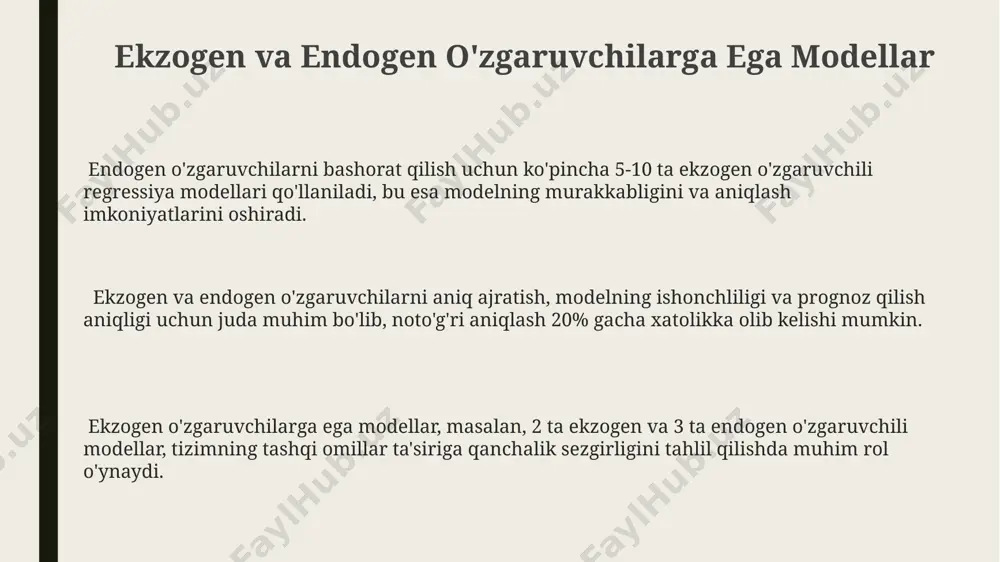, masalan, iqtisodiy o'sishni bashorat qilishda, 0.1 dan 0.9 gacha bo'lgan ehtimolliklar bilan ifodalangan noaniqlik hisobga olinadi. stoxastik modellarning parametrlari ehtimollik taqsimoti bilan tavsiflanadi, masalan, normal taqsimot yoki poisson taqsimoti, bu esa 2-turdagi xatolarga olib kelishi mumkin. e'tiboringiz uchun rahmat @taqdimot_robot