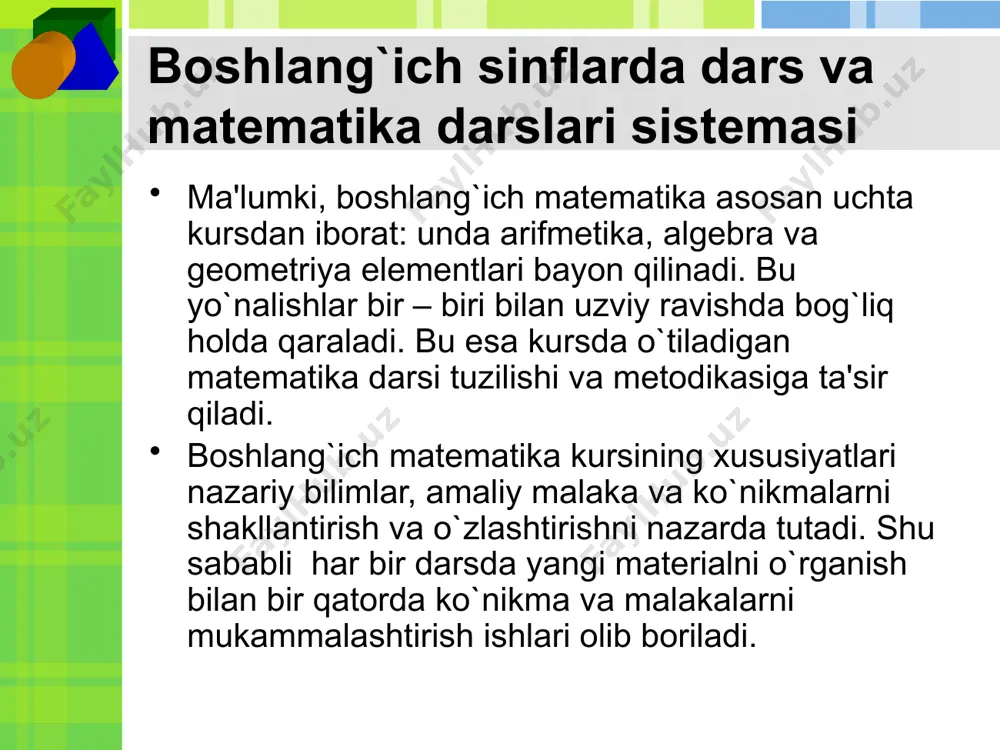 to`la ishlanmasidan iborat bo`lmay, balki, shu dars uchun majburiy bo`lgan asosiy momеntlarini o`z ichiga oladi. 1. dars № vaqti. 2. mavzu: 3. maqsadi: 4. o`tilganlarni takrorlash, yangisini o`tishga tayyorlanish. 5. yangi matеrialni o`tish usuli. 6. o`rgatuchi, mashq qildiruvchi ishlar tizimi. 7. mustaqil ish. 8. ko`rgazmali vositalar. 9. uyga vazifa. dars maqsadlarini muvoffaqiyatli amalga oshirishning to`g`ri yo`llarini topishga darsning ta'limiy va tarbiyaviy vazifalarini, irodani qiziqishlarini va qobiliyatlarini rivojlantiruvchi vazifalarni aniqlash yordam bеradi. dars mazmunini aniqlash uchun o`qituvchi quyidagi talablarga rioya qilishi kеrak. 1. dars mazmuni dasturiga mos kеlishi va uning maqsadlaridan kеlib chiqishi. 2. g`oyaviylik va e'tiqodni tarbiyalash. darsda o`quvchilar dunyoqarashlarini kundalik axloq asoslari sifatida shakllantirish uchun eng qulay, yaxshi sharoit yaratish zarur. 3. darsni turmush bilan, o`quvchilarning shaxsiy tajribasi bilan bog`liqligi. 4. o`quv matеrialning o`quvchilarga tushunarli va ularning kuchlari yеtadigan bo`lishi. dars mazmuniga har xil masalalar, mashqlar kiradi. o`qituvchi bularni almashtirishi mumkin. misol. «ko`paytirishning gruppalash qonuni» ni quyidagi masala bilan …