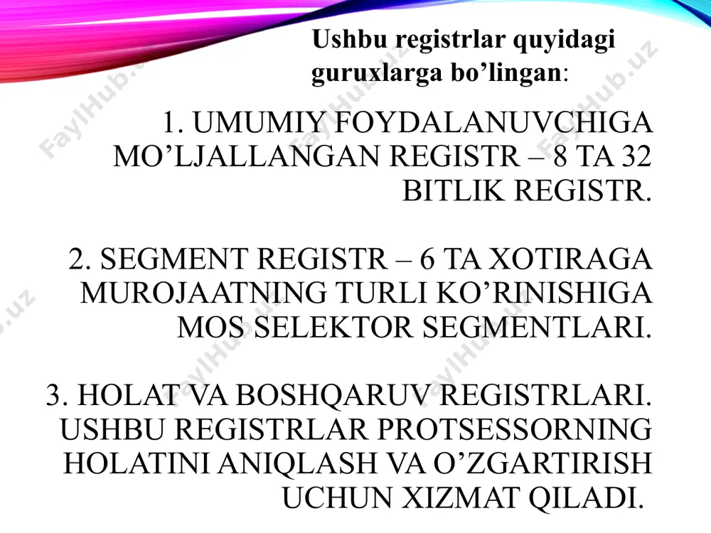 sorni adresslashni segmentli sxemasi: adresslash sxemasi 13 foydalanilgan adress baza index qo`shilish + adresslarni tanlash va uzatish bloki segment adresi ss segment adresi es segment adresi ds segment adresi cs fizik address mac adress(20) оп foydalanilgan adress(16) segment adresi(16) si, di bx, bp disp ko`rsatkich (32) шарт флаглари. cf (corry flag) – утказиш (кучириш) флаги. of (overflow flag) – тулдирувчи флаг. zf (zero flag) – ноль флаги. sf (sign flag) – символ флаги. pf (pority flag) - жуфт токлигини текшириш флаги. af (auxiliary corry flag) – кушимча утказиш флаги. flaglar холат флаглари. df (direction flag) – йуналтириш флаги сатр ва сатрни буйрукларни куриш йуналишини курсатади df = 0 булганда сатр бошидан охирига караб укилади.df0 да шунинг тескариси. if (interrupt flag) – узилишларни рухсат этувчи флаг. if=0 булганда процессор узига келаётган узилишларга таъсир курсатмайди. if = 1 булганда узилишлар блокировкаси олиб ташланади ва процессор акс таъсир курсата бошлайди. tf (trap flag) …