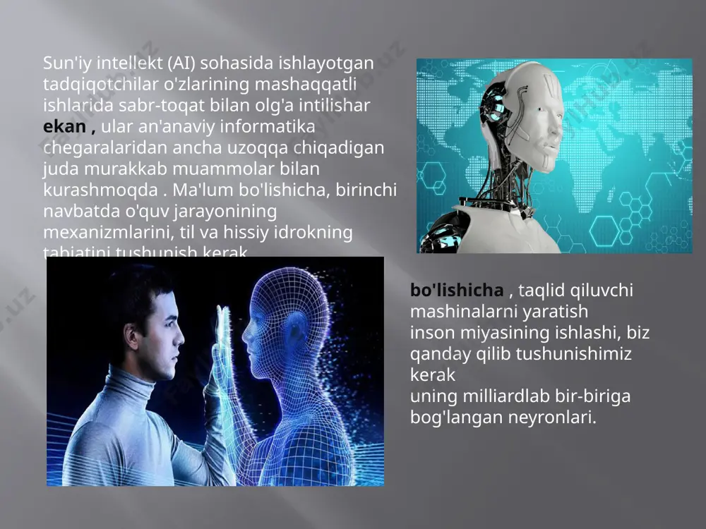 hun ikkilik tizim elektron hisoblash qurilmalari uchun ideal . bu tarmoq ham o'rganish, naqshlarni tan olish, umumlashtirish, ya'ni. u aqlning barcha xususiyatlariga ega. perseptronning paydo bo'lishi qiyinchiliklardan aslo qo'rqmaganlardan biri frenk rozenblat edi , uning asarlari kibernetikaning eng sezilarli intilishlariga javob bergandek tuyuldi . 1958 yil o'rtalarida u insonning fikrlash jarayonlariga taqlid qilishi kerak bo'lgan perseptron deb atagan elektron qurilma modelini taklif qildi. perseptron signallarni fotoelementlardan tashkil topgan "ko'zdan" bloklarga o'tkazishi kerak edi . elektr signallarining nisbiy kattaligini baholaydigan elektromexanik xotira hujayralari . birinchi operatsion transport vositasi "mark-1 ", kartalarda yozilgan ba'zi harflarni tanib olishni kim o'rganishi mumkin edi ularni kino kameralarini eslatuvchi "ko'zlariga" olib kelishdi. perseptron rosenblatt "pastdan yuqoriga" yoki neyromodelning eng yuqori yutug'i bo'lib chiqdi yaratish usuli sun'iy intellekt. aqlli mashinalarni yaratishda haqiqiy yutuq uchun perseptronga o'xshash qurilma kerak bo'ladi . ammo ai asosan yuqoridan pastga yondashuv bilan sinonimga aylandi, bu kompyuterlar simulyatsiya qilish uchun tobora murakkab dasturlarni …