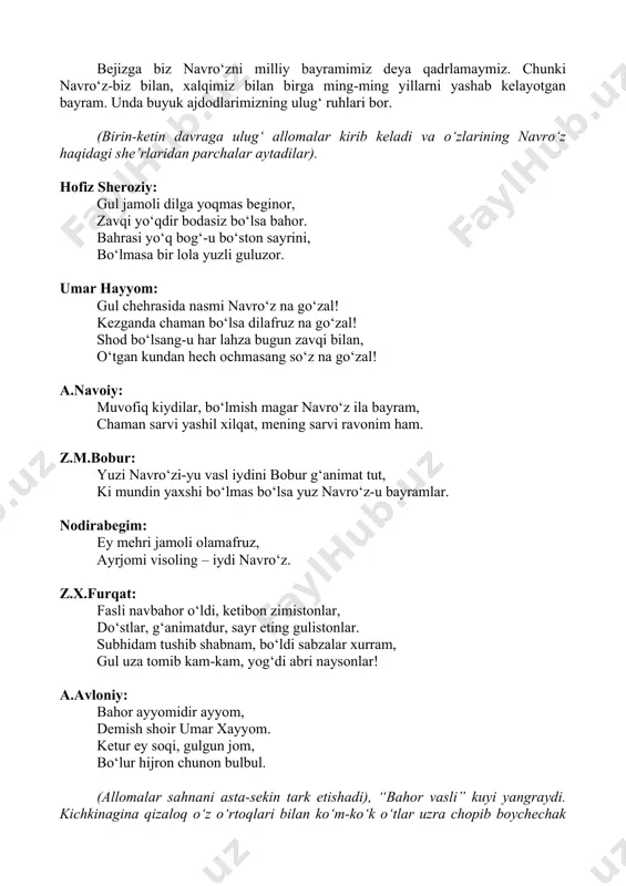 lamafruz, ayrjomi visoling – iydi navro‘z. z.x.furqat: fasli navbahor o‘ldi, ketibon zimistonlar, do‘stlar, g‘animatdur, sayr eting gulistonlar. subhidam tushib shabnam, bo‘ldi sabzalar xurram, gul uza tomib kam-kam, yog‘di abri naysonlar! a.avloniy: bahor ayyomidir ayyom, demish shoir umar xayyom. ketur ey soqi, gulgun jom, bo‘lur hijron chunon bulbul. (allomalar sahnani asta-sekin tark etishadi), “bahor vasli” kuyi yangraydi. kichkinagina qizaloq o‘z o‘rtoqlari bilan ko‘m-ko‘k o‘tlar uzra chopib boychechak izlaydi. nihoyat, boychechakni topadi. “urey, mana boychechakni topdim. yuringlar, qizlar, uni buvijonimga olib boramiz”. (yugurishib sahnadan chiqib ketishadi). 1-suxandon: taklif etilgan barcha mehmonlar kelib bo‘lishdi. negadir dono buvimiz biroz kechikishyapti. endi nima qildik – a? balki biroz kutarmiz. 2-suxandon: ana qarang, gapingiz og‘zingizda qoldi. 100 yoshli buvijonimiz kelyaptilar. kelinglar, ularni olqishlar bilan kutib olaylik. (bolalar qarsak chalishadi). 1-suxandon: assalomu alaykum, buvijon! buvi: va alaykum assalom, bolajonlarim! kechirasizlar. nevaram xolidaxon bilan bir bemor o‘rtog‘imning ahvolini so‘rab o‘taylik degan edik. o‘sha yerda biroz ushlanib qoldik. kela-kela …