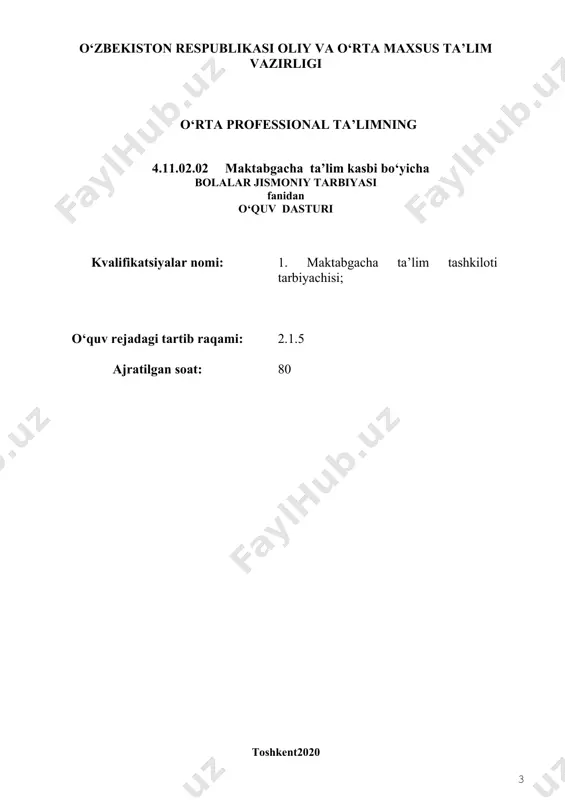 lgan fanning nomi pedagogika maxsus fanlar o‘qitishning tashkiliy shakli n - nazariy ta’lim a - amaliy ta’lim dasturga qo‘yilgan talab majburiy o‘qitish tili guruhga tayinlangan dars tili asosida (o‘zbek yoki rus) baholash tartibi joriy baholash tartibiga asoslanib o‘quvchilarning bilim va ko’nikmalarini baholash og‘zaki, yozma, test, individual va amaliy topshiriqlar bajarish ii. o‘quv dasturi mazmuni t/r mavzuning nomi mavzuning qisqacha mazmuni jami o‘qitishning tashkiliy shakli mustaqil ta’lim i-bo‘lim. jismoniy tarbiya metodikasining umumiy tushunchalari 1 o‘zbekiston respublikasida jismoniy tarbiya va bolalar sportini rivojlanishi o‘zbekiston respublikasida jismoniy tarbiya tizimini rivojlanish tarixi.mashhur fan arboblarining jismoniy tarbiya haqidagi qarashlari. jismoniy tarbiyaning zamonaviy muammolari. respublikamizda jismoniy tarbiyani boshqarish organlari. o‘zbekiston iftihorlari haqida. 2 n 2 2 jismoniytarbiya asosiy tushunchalari bolalar jismoniy tarbiyasini predmeti, jismoniy tarbiya haqida asosiy tushunchalar. o‘sib kelayotgan avlodni har tomonlama jismoniy tarbiyalash. 2 n 3 jismoniy tarbiyani maqsad va vazifalari jismoniy tarbiya metodikasini maqsad va vazifalari: sog‘lomlashtiruvchi, ta’lim beruvchi va tarbiyalovchi vazifalari. jismoniy …