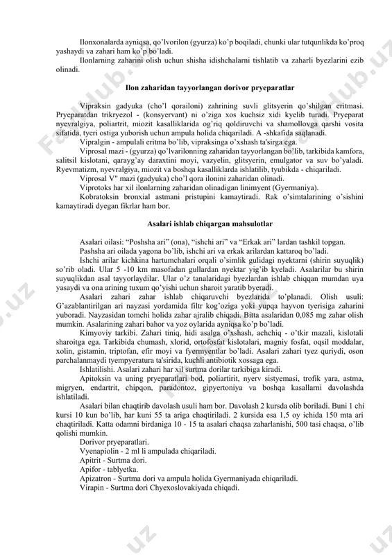 lgan ilon o’ralib oladi va tana qismini shishirib qattiq vishillab tovush chiqaradi. zaharli - yopishqok, tovlanadigan suyuklik bo’lib, rn - kislotali sharoitda, zichligi 1,030 - 1,032. suv bilan chayqalsa, qattiq ko’piklanadi, mikroblar va oksidlovchilar ta'sirida tyez buziladi. 72° haroratda oqsillari cho’kib zaharli xususiyatini yo’qotadi. asosan, sitotoksin, tromboza. protyeolitik fyermyent va gyemorragin dyegan moddalarni bo’lib, ilon chaqqan joyda qon quyilishini va qattiq og’riq chaqiradi. charxilon - uzunligi 70 sm ga yetadi, usti turli rangda, chiroyli ko’rinadi, yon tomonida 2 ta och rangli egri - bugri yo’li bor. boshida qush shaklini eslatuvchi och rangli byelgisi bor. ilonlarning tyepa jag’ini oldi va orqa qismidagi tishlari zaharli hisoblanadi. shu tishlarning ostida zaharli byezlari bo’ladi. byezlarning usti jag’ muskullari bilan qoplangan bo’lib, ularning qisqarishi natijasida ilon chaqqan zahoti, zahar tishning kanali orqali jarohatlangan (chaqqan)joyga otilib tushadi. ilonlarning zahari ta'siriga qarab 2 guruhga bo’linadi: i. qondagi eritrotsitlarni parchalaydigan gadyuka - cho’l qorailoni. ii. markaziy nyerv sistyemasini …