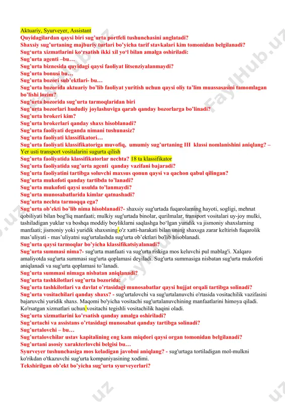 dan bir biriga yaqin boʻlgan mamlakatlarning sugʻurta xizmatlari bozoridir. bunga yevropa ittifoqi mintaqaviy sugʻurta xizmatlari bozorini misol qilib keltirish mumkin. 36. mulk sug’urtasi sug’urta faoliyati klassifikatorining nechanchi klassiga asosan amalga oshiriladi? – 3-7-8-9 klasslarda 37. o‘zbekiston respublikasi fuqarolik kodeksining qaysi bobi sug‘urtaviy huquqiy munosabatlarga bag‘ishlangan? - 52 боб 914-961 моддалар 38. o’zbekiston respublikasida 2008 yil 21 aprelda majburiy sug’urtaning qaysi turi joriy qilingan? транспорт воситалари эгаларининг фуқаролик жавобгарлигини мажбурий суғурта қилиш тўғрисидаги 2008 йил 21 апрель, ўрқ-155-сонли қонуни 39. o’zbekiston respublikasining qaysi qonunchiligida sug’urta bozori professional ishtirokchilarining huquq va majburiyatlari keltirilgan? - ўзбекистон респ суғурта фаолияти тўғрисидаги қонунда 2-боб, 12-моддасида "суғурта бозорининг профессионал иштирокчилари суғурта фаолиятининг субъектларидир" деб таъриф келган. субъектлар булар - суғурталовчилар, суғурта воситачилари, аджастерлар, актуарийлар, суғурта сюрвейерлари, ассистанс суғурта бозорининг профессионал иштирокчиларидир. уларнинг хуқуқ ва мажбуриятлари ўзб респ суғурта фаолияти тўғрисидаги қонунда келган яъни: 1) 2-боб, 14-модда 2) 2-боб 17-модда 3) 2-боб 19-модда 4) 2-боб 21-модда 5) …