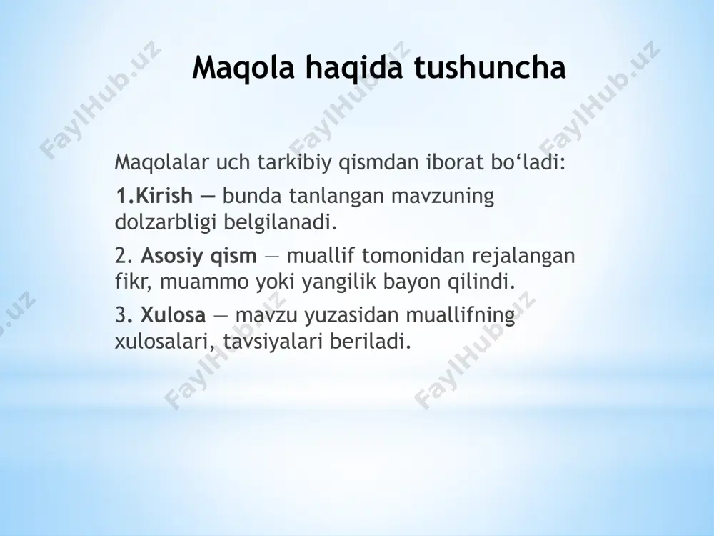 da rejaga binoan olib boriladigan mavzularni o‘z ichiga qamrab olgan. qo‘llanmada turli manbalardan foydalanilganligini, matnning mazmundor, o‘ziga xos qaytarilmasligi ko‘zga tashlanadi. shuningdek, dasturiy injiniring, iqtisod, telekommunikatsiya, axborot texnologiyalari, aloqa sohasi bilan bevosita bog‘liq matnlar ham o‘rin olgan. qo‘llanmada berilgan grammatik mavzular mashqlar bilan mustahkamlangan. leksik matnlar turli mavzularda yoritilgan. qo‘llanmadan o‘rin olgan matnlarning barchasi, bizningcha, har tomonlama yondoshilgan holda tanlangan. ularni o‘qigan kishi nafaqat yangilik oladi, balki undan o‘ziga tegishli xulosalar chiqarib, mustaqil fikrlay boshlaydi. ham ta’limiy, ham tarbiyaviy ahamiyati borligini alohida qayd qilish lozim. matn ushbu asar farzand tarbiyasi va uning kamoloti uchun befarq bolmagan ota-onalarga, ustoz-murabbiylarga qolaversa insoniyatning manaviy yuksalishi yolida jon kuydirayotgan fidoyi, zahmatkash ziyolilarga moljallangan. u siz va zurriyotlaringiz sevib o`qiydigan asarga aylanadi deb umid qilaman. jadvalni savollar asosida to‘ldiring.(so‘zlarning lug‘aviy ma`nolarini 3 ta xususiyati bilan ko‘rsating va xulosalsng tezis- annotatsiya- taqriz- rezyume- maqola- isbotlash-bu rezyumega xos xususuyat. (fikrni to‘g‘-ri yoki noto‘g‘riligini isbotlang) adabiy tanqid janri-....... …