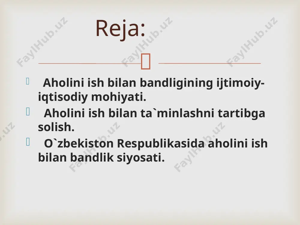 magan fuqarolar o`zini ish bilan mustaqil ta`minlayotgan fuqarolar, shu jumladan,, yuridik shaxs tashkil qilmagan holda tadbirkorlik faoliyati bilan shug’ullanayotgan fuqarolar, kooperativlarning a`zolari, fermerlar va ularning ishlab chiqarishda qatnashayotgan oila a`zolari. qurolli kuchlarda, milliy xavsizlik xizmati va ichki ishlar organlari va qo`shinlarida xizmatni o`tayotgan, shuningdek, muqobil xizmatni o`tayotgan fuqarolar ta`lim to`g’risidagi qonun hujjatlariga muvofiq ishlab chiqarishda ajralgan holda ta`lim olayotgan fuqarolar. qonun hujjatlariga muvofiq faoliyat olib borayotgan jamoat birlashmalari va diniy muassasalarda ishlayotgan fuqarolar. o`zbekiston respublikasi «mehnat kodeksi»ga muvofiq quyidagi sabablarga ko`ra vaqtinchalik ish joyida bo`lmagan fuqarolarning ish joyi saqlanib qoladi va ular ish bilan ta`minlangan, deb hisoblanadilar: davlat va jamoat vazifalarini bajarayotgan vaqtda ish beruvchi va mehnat jamoasi manfaatlariga doir vazifalarni bajarganda jamiyat manfaatlariga doir harakatlar qilganda iqtisodiy jihatdan faol bo`lgan aholi uchun, shu jumladan,, ishsizlar uchun ish bilan ta`minlash maqomini belgilab olish muhimdir. yollanma xodimlar - bular korxona rahbariyati bilan mehnat faoliyati shartlari to`g’risida tuzilgan yozma kontrakt (shartnoma) yoki …