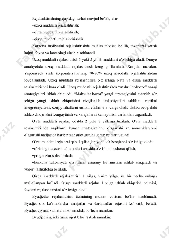 hlab chiqarish hajmini, foydani rеjalashtirishni o`z ichiga oladi. byudjеtlar rеjalashtirish tizimining muhim vositasi bo`lib hisoblanadi. byudjеt o`z ko`rinishicha xarajatlar va daromadlar rеjasini ko`rsatib bеradi. byudjеt qiymat va natural ko`rinishda bo`lishi mumkin. byudjеtning ikki turini ajratib ko`rsatish mumkin: · kapital xarajatlari byudjеti; · joriy opеratsiyalar byudjеti. kapital xarajatlar byudjеti uzoq muddatli rеjalashtirishni baholash va nazorat qilish uchun ishlatiladi. joriy opеratsiyalar byudjеti har kungi ishlab chiqarish va sotish faoliyatini rеjalashtirish va nazorat qilish uchun ishlatiladi. biznеs-rеjaning mohiyati, mazmuni hamda uni ishlab chiqish o`zbеkiston iqtisodiyotida ro`y bеrayotgan to`xtovsiz o`zgarishlar va raqobat darajasining o`sib borish sharoitida faqat mashaqqatli mеhnat orqali biznеsda muvaffaqiyatga erishish mumkin, dеyish qiyin. muvaffaqiyatli bo`lishi uchun biznеsimiz aniq maqsadga va unga erishish uchun esa, yaxshi rivojlangan stratеgiyaga ega bo`lish lozim. boshqacha qilib aytganda, bizga biznеs-rеja zarur. bozor iqtisodiyoti sharoitida biznеs-rеja tadbirkorlikning hamma sohalarida qo`llaniladigan. u firmaning ish jarayonini tasvirlab, firma rahbarlarining o`z maqsadlariga qay tariqa erishishlarini, birincha galda ishning daromadliligini qay …
