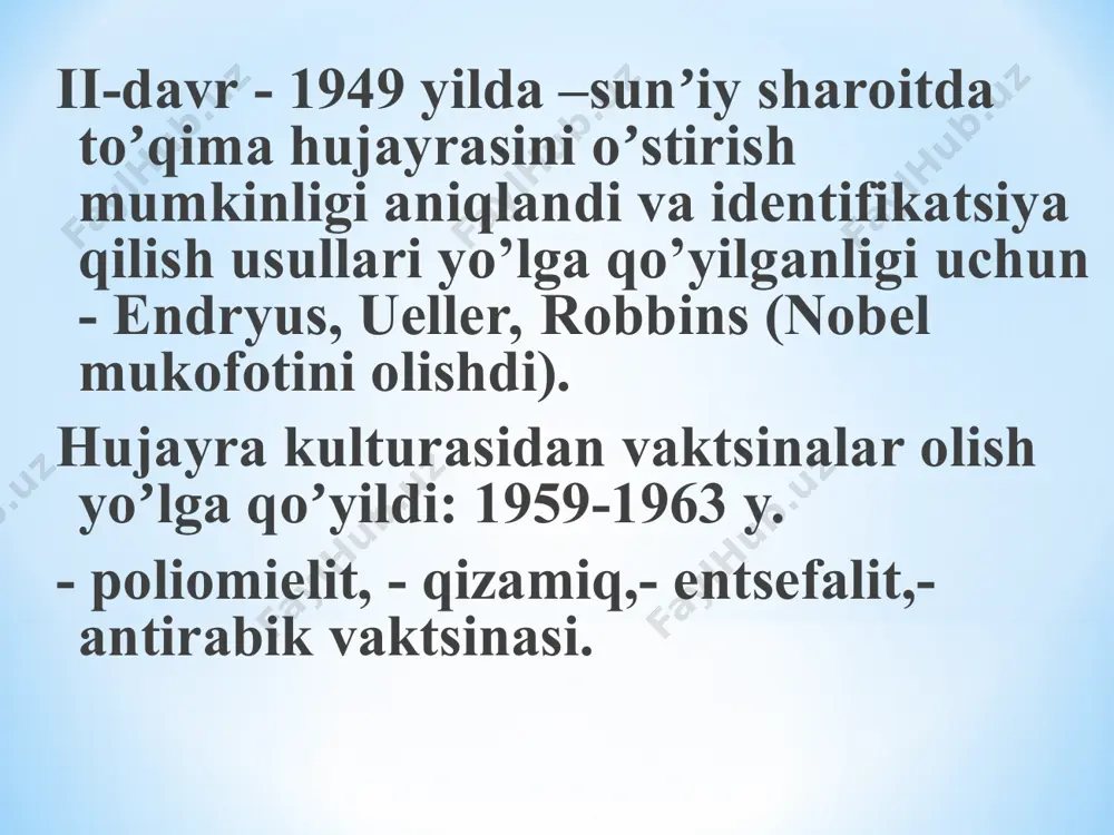 irilishi oqibatida ajralib chiqqan viruslar boshqa hujayralarga yuqadi va ularni ham nobud qiladi, natijada bir qavatli yaxlit hujayra qatlami oʼrnida alohida hujayrasiz zonada hujayra orolchalar paydo boʼladi. sitopatogen ta’sir shuningdek, koʼpchilik viruslar hujayrada koʼpayganida ilgari kuzatilmagan kiritmalar hosil qilishlari mumkin (mas: qutirishda babesh-negri tanachalari, chinchechakda gvarnieri tanachalari) gemadsorbtsiya reaktsiyasi. viruslarni indikatsiya qilish usullaridan biri, ular kirib ko’payayotgan (reproduktsiya) hujayraning yuzasi eritrotsitlarni adsorbtsiya qilish qobiliyatiga asoslangan, bu esa gemadsorbtsiya reaktsiyasi deyiladi gemagglyutinatsiya reaktsiyasi bu reaksiyani virus superkapsidi tarkibida gemagglyutinin fermenti bo’lgan viruslar (gripp, paragripp) keltirib chiqaradi, ya'niy virus ko’paygan hujayra kulturasiga tovuq, g’oz, dengiz cho’chqachalari eritrotsitlari qo’shilsa, viruslar eritrotsitlarni bir-biriga yopishtirib qo’yadi. bu usulda viruslarning suyuqlikdagi titrini suyultirish darajasiga qarab aniqlash mumkin. rangli sinama. hujayra kulturalarida viruslarni ko’payishini rangli sinama orqali xam indikatsiya qilish mumkin. buning aniqlash, normal ko’payuuvchi hujayra kulturasi uchun qo’llanilgan oziqli muhitdagi indikatordan foydalaniladi. agar hujayrada virus ko’paymasa tirik hujayra kulturalarda normal metobalitik jarayon kuzatiladi va bu jarayon …