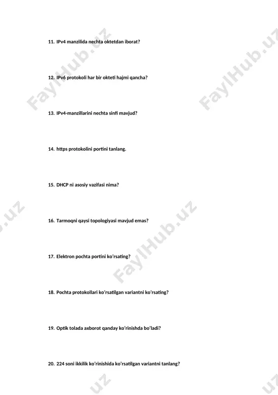 ini toping? 35. ethernet standartini toping? 36. kompyuter nechilik sanoq tizimida ishlaydi? 37. data link sathini birligini ko'rsating? 38. network sathini birligini ko'rsating? 39. osi modeli nechta sathdan iborat? 40. ddos hujumlarini amalga oshirishda qaysi protocoldan foydalaniladi? 41. kompyuterni ip manzilini qaysi buyruq yordamida bilish mumkin? 42. ma'lumotlarni eng kichik birligi nima? 43. cisco qurilmalarini os ko'rsatilgan javobni toping?= 44. intranetga kimlar kirishi mumkin? 45. utp kabelini nechta standarti bor? 46. amaliy sathda deyarli barcha xizmatlar qaysi sxema bo'yicha ishlaydi? 47. himoyalanayotgan resurs to'plami uchun beriladigan ruxsat qoidalari to'plami nima deyiladi? 48. foydalanuvchi autentifikatsiyasini, ruxsatsiz foydalanishdan ma'lumotlarni himoyalashni hamda tarmoq bo'yicha ma'lumotlarni xavfsiz uzatish vositalarini amalga oshiradigan dasturiy-apparat vositalariga kiradigan himoya usulini ko'rsating? 49. amaliy sath protokollaridan axborotlarni olish va uni osi modelidan foydalanuvchi barcha kompyuterlarga tushunarli formatga o'giruvchi sath qanday nomlanadi? 50. ochiq tizimlar munosabati osi modeli qaysi tashkilotda ishlab chiqilgan? 51. qaysi protokol servis protokollari va transport protokollari …