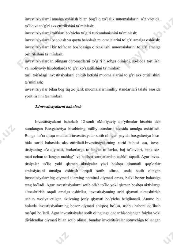 d qiymati almashtirish uchun tavsiya etilgan aktivning joriy qiymati bo’yicha belgilanadi. ammo bu holatda investitsiyalarning bozor qiymati aniqroq bo’lsa, ushbu bahoni qo’llash ma’qul bo’ladi. agar investitsiyalar sotib olingunga qadar hisoblangan foizlar yoki dividendlar qiymati bilan sotib olinsa, bunday investitsiyalar sotuvchiga to’langan foizlar yoki dividendlar summasi chiqarib tashlangan xarid qiymatida aks ettiriladi. hisobot tuzish sanasida investitsiyalar buxgalteriya hisobining milliy standartlari talablariga ko’ra korxona balansida bozor qiymatida yoki sotib olish va bozor qiymatidan kami bo’yicha ko’rsatilishi lozim. agar qisqa muddatli investitsiyalar korxonaning hisob siyosatiga ko’ra sotib olish va bozor qiymatidan kami bo’yicha hisobga olinadigan bo’lsa, uning balans qiymati alohida olingan investitsiyalar bo’yicha; investitsiyalarning toifalari bo’yicha; investitsiyalar portfeli asosida aniqlanishi mumkin. uzoq muddatli investitsiyalar esa hisobot sanasiga buxgalteriya balansida sotib olish qiymati, qayta baholashni hisobga olgan qiymat yoki sotib olish va bozor bahosidan kami bo’yicha aks ettiriladi. uzoq muddatli investitsiyalarning balans bahosini aniqlash investitsiyalar portfeli asosida amalga oshiriladi. 3.investitsiyalar kirimini hisobga olish tartibi. …