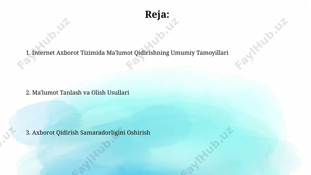 ma'lumotlarning 100 terabaytgacha bo'lgan hajmlarini samarali boshqarish va qidiruv tezligini oshirish uchun indekslash va klasterlash algoritmlari qo'llaniladi. ma'lumotlar bazasida 50 milliontadan ortiq hujjatlarni tartiblash va tezkor qidiruvni ta'minlash uchun inversiya indekslash va shunga o'xshash texnologiyalar muhim rol o'ynaydi. qidiruv natijalarini tahlil qilish qidiruv natijalari orasidan 10 ta eng yuqori reytingga ega havolalarni tanlash va ularning mazmunini tahlil qilish orqali ma'lumotlarning to'liqligi va ishonchliligini baholash mumkin. qidiruv so'rovi natijalarini turli xil manbalar (masalan, .gov, .edu, .org) dan olingan ma'lumotlarni taqqoslash orqali ob'ektiv tahlil qilish mumkin, bu esa 30% gacha aniqlikni oshiradi. axborotning ishonchliligi va to'g'riligini baholash axborot manbasining obro'sini baholashda, uning muallifining malakasi va tajribasini, shuningdek, saytning reytingi va tashrif buyuruvchilar soni kabi 5 ta omilni hisobga olish kerak. mavzuga oid 10 dan ortiq manbalarni tahlil qilish orqali axborotning to'liqligi va ob'ektivligini aniqlash mumkin, bu esa noto'g'ri ma'lumotlarni aniqlashga yordam beradi. kalit so'zlarni tanlash va qidiruv strategiyasi bolalar adabiyoti bo'yicha ma'lumot …