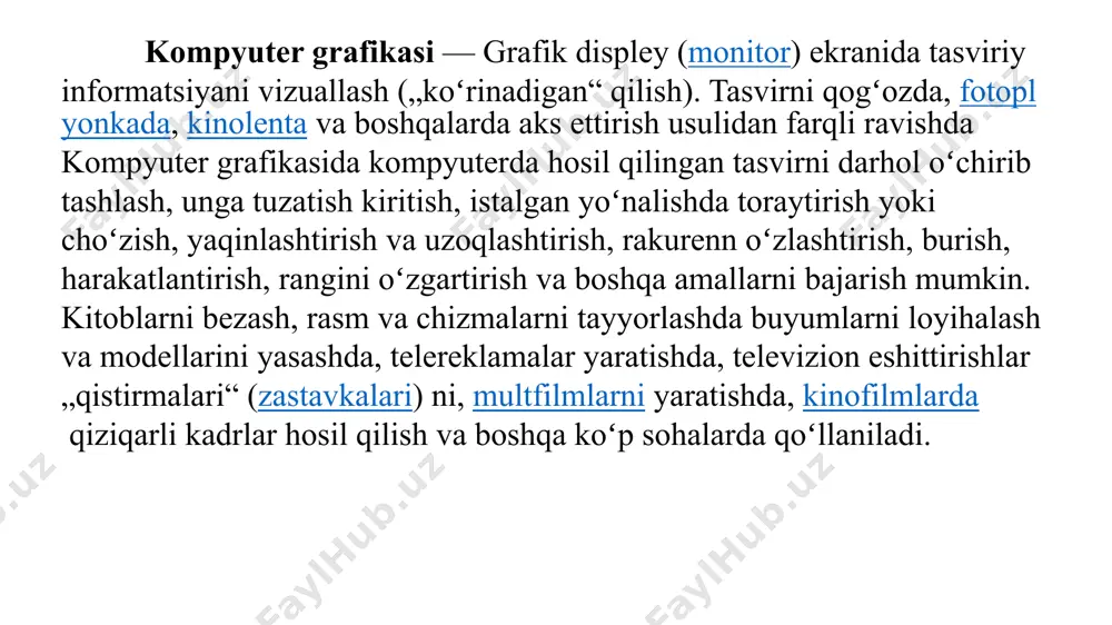 g ranglari, o’lchamlari va joylashuvini aniqlovchi formulalari orqali tasvirlanadi. demak, bunday tasvirlash kompyuter xotirasida rastrli rasmdan ko’ra kamroq joy egallaydi. vektorli tasvirlarning yana bir afzalligi – ularning sifatini yo’qotmagan xolda kattalashtirish yoki kichiklashtirish imkoniyatidir. ob’ektlarni masshtablash matematik formulalardagi mos koeffisientlarni kattalashtirish yoki kichiklashtirish orqali amalga oshiriladi. shunday qilib rastrli yoki vektorli formatni tanlash tasvir bilan ishlash maqsad va vazifalaridan kelib chiqqan xolda amalga oshiriladi. rangni o’zatishning fotografik aniqligi talab etilgshanida rastrli formatdan foydalanish lozim. logotip, sxemalar va chizmalarni tasvirlashda vektorli formatdan foydalanish maqsadga muvofiq. shuni ta’kidlash lozimki, rastrli va vektorli tasvirlashda (matn ham) grafika ekranga yoki chop etish qurilmasiga nuqtalar jamlanmasi sifatida o’zatiladi. axborotni grafik shaklda ishlab chikish, takdim etish, ularga ishlob berish, shuningdek, grafik ob'ektlar va fayl­larda bulgan nografik ob'ektlar urtasida boklanish urnatishni informatikada kompyuter grafikasi deb atash kabul kilingan. kompyuter grafikasi uch turga bulinadi: rastrli grafika, vektorli grafika va fraktal grafika. ular urtasidagi asosiy fark nurning displey ekrandan …