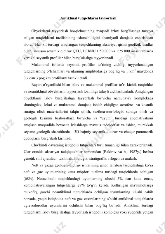 an tutqichlarga 27% to’g’ri keladi. keltirilgan ma’lumotlarga muvofiq, garchi noantiklinal tutqichlarda ochilgan uyumlarning ulushi oshib borsada, yaqin istiqbolda neft va gaz zaxiralarining o’sishi antiklinal tutqichlarda uglevodorodlar uyumlarini ochilishi bilan bog’liq bo’ladi. antiklinal turdagi tutqichlarni izlov burg’ilashga tayyorlash istiqbolli kompleks yoki yuqorida yotgan yotqiziqlar kesimida ajratiladigan istiqbolli gorizont yoki tayanch qaytaruvchi gorizontning ustki yuzasi bo’yicha tuzilma xaritasini tuzishdan iborat. tuzilishining asosiy xususiyatlari mazkur rayon uchun geologik-geofizik va geokimyoviy usullar kompleksi bilan ishonchli aniqlangan antiklinal tutqich izlash burg’ilashga tayyorlangan hisoblanadi. ularga quyidagilar kiradi: o’lchamlari va amplitudasi, tuzilma xususiyatlari (gumbaz va qanotlarning rejadagi va gipsometrik holati, plikativ va dizyuktiv murakkaligi), qoplamalarning germetiklik darajasi va boshqalar. tutqichlarni tayyorlashning sifatiy mezonlari n.y. kupina ma’lumotlariga ko’ra uchta asosiy ko’rsatkich bilan aniqlanadi: uning hajmi, kesimning yoritilgan chuqurligi, konditsionlik darajasi. antiklinal burmaning hajmi neft va gaz uyumining mumkin bo’lgan kattaligini belgilaydi. u kollektorlik xossalariga, mahsuldor qatlamlarning qalinligi, maydoni va ko’tarilmaning amplitudasiga bog’liq. aksariyat hollarda aniqlangan ko’rsatkich lokal tuzilmaning …