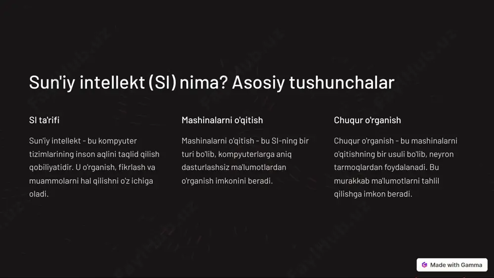 rning sog'lig'i haqida ma'lumot beradi. katta ma'lumotlar si katta hajmdagi tibbiy ma'lumotlarni tahlil qilib, yangi davolash usullarini aniqlashga yordam beradi. https://gamma.app/?utm_source=made-with-gamma si tibbiyotda robototexnikaning rolini oshirishi 1 xirurgiya si-ga asoslangan robotlar xirurgik operatsiyalarni aniqroq va kamroq invaziv qilishga yordam beradi. 2 reabilitatsiya si-ga asoslangan robotlar bemorlarga reabilitatsiya jarayonida yordam beradi. 3 dori-darmonlarni etkazib berish si-ga asoslangan robotlar dori-darmonlarni bemorlarga to'g'ri vaqtda etkazib berishga yordam beradi. https://gamma.app/?utm_source=made-with-gamma sog'liqni saqlashda si bilan bog'liq axloqiy va qonuniy muammolar javobgarlik si xato qilsa, kim javobgar bo'ladi? maxfiylik bemorlarning ma'lumotlari qanday himoya qilinadi? adolat si hamma uchun teng imkoniyatlar yaratadimi? https://gamma.app/?utm_source=made-with-gamma ma'lumotlar xavfsizligi va bemor maxfiyligini ta'minlash 1 2 3 4 shifrlash ma'lumotlarni shifrlash orqali himoya qilish. kirishni boshqarish ma'lumotlarga kirishni cheklash. auditorlik tekshiruvi ma'lumotlarga kirishni kuzatib borish. anonimlashtirish bemorning shaxsini aniqlash imkoniyatini yo'qotish. https://gamma.app/?utm_source=made-with-gamma si kelajagi: sog'liqni saqlashda yangi imkoniyatlar 1 oldini olish 2 erta tashxis 3 shaxsiy davolash 4 samarali davolash 5 arzon …