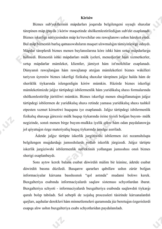 bıllaw ushın zárúr bolǵan informaciyalar kárxana basshısınıń “qol astında” mudami bolıwı kerek. buxgalteriya esabında informaciyalardı saqlaw sisteması schyotlardan ibarat. buxgalteriya schyoti - informaciyalardı buxgalteriya esabında saqlawdıń tiykarǵı quralı bolıp tabıladı. sol sebepli de xojalıq processleri tásirinde kárxanalardıń qarjları, aqshalar derekleri hám minnetlemeleri quramında júz beretuǵın ózgerislerdi esapqa alıw ushın buxgalteriya esabı schyotlaridan paydalanıladı. 1.biznes buxgalteriyada mápdar tárepler haqqında túsinik sonıń menen birge, buxgalteriya esabı schyotlari kárxananıń ekonomikalıq resursları háreketin hám jaǵdayın dizimnen ótkeriw, saqlaw hám de esabat dáwiri dawamında júz bergen xojalıq mámilelerin ekonomikalıq mazmunlarına kóre bir sistemaǵa salıp turıw quralı wazıypasın da atqaradı. soǵan kóre, buxgalteriya esabı schyotlaridan kárxananıń xojalıq iskerliginde júz bolatuǵın ekonomikalıq maǵlıwmatlardı jıynash, saqlaw, baqlaw hám mazmunına kóre gruppalaw maqsetinde paydalanıladı. schyotlar aktivlerdiń, passivlarning hám kárxana kapitalınıń hár bir túrine ashıladı. schyotlarga jazıw eki yoqlama jazıw tiykarında ámelge asıriladı. bul usıl bunnan shama menen 522 jıl aldın, 1494 jıllarda, fransuz monaxi luki pachola62 tomonidan tiykarlanǵan bolıp, …