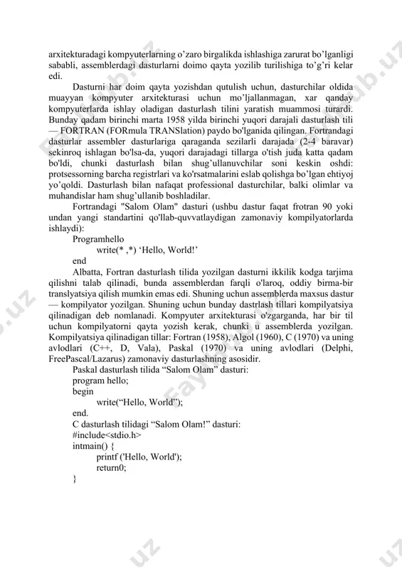 model small // модель памяти . data // инициализированные данные: msg db ’hello ,ђ world ’, 13, 10, ’$’ . code // исполняемый код: start : mov ax , @data // загрузка адреса сегмента в регистр ds mov ds , ax mov ax , 0900 h lea dx , msg int21h mov ax , 4 c00h int21h end start assambler buyruqlari shunchaki ikkilik kodlardagi qulayroq belgilangan ko'rsatmalardan iborat bo'lganligi uchun, qoida tariqasida mashina kodlaridagi dasturlar va assemblerdagi dasturlar o'rtasida bir-biriga mos keladigan muvofiqlikka erisha olishlari mumkin shu sababli ular bir-birlarini o’zaro almashtira oladilar. assemblerlarning asosiy afzalligi va asosiy kamchiligi ham mana shunda. bir tomondan, ikkilik kodlarda dasturlash kompilyator dasturi yozilgan paytdan boshlab keraksiz bo'lib qoldi. boshqa tomondan, agar ko'rsatmalar yoki registrlar o'zgartirilsa, assembler dasturi foydasiz bo'lib qoladi. kompyuter arxitekturasi tez-tez o'zgarib turishi va shu bilan birga turli xil arxitekturadagi kompyuterlarning o’zaro birgalikda ishlashiga zarurat bo’lganligi sababli, assemblerdagi dasturlarni doimo qayta …