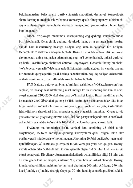 mamaliakatlarda ocharhilikdan yiligi 13 mln. dan 18 mln. gacha kishi o’lmoqda, shularnin ¾ qismini bolalar tashkil etmoqda. hozirgi kiunda ocharchilikka mahkum bo’lan jami aholining 200 mln. afrikaga, 370 mln. kishi janubiy va janubiy-sharqiy osiyoga, 70 mln. janubiy amerikaga, 30 mln. kishi 6 yaqin va o’rta sharq regionlariga to’g’ri keladi. yuqoridagi malumotlar hatto juda katta miqdordagi oziq-ovqat yordam ko’rsatish bilan ham hal etib bo’lmaydi. buning uchun rivojlanayotgan mamlakatlar iqtisodiy qoloqlikdan chiqarish, iqtisodiy-ijtimoiy taraqqiyotini ta’minlash, qishloq xo’jaligini ko’rsatish zarur. hozirgi vaqtda inson faoliyati ta'sirida biosferaning cfzgarishi juda tezlik bilan borayapti. inson yer kurrasining qiyofasini o'zgartirishda katta geologik kuch sifatida vujudga kelganini v.i.vernadskiy tomonidan takidlab o'tilgan edi. insonning tabiiy jarayonlardan noto'g'ri foydalanishi natijasida xx asrning o'rtalarida ekologik muammolar juda avj olib ketdi. ekologik muammo deganda insonning tabiatga ko’rsatayotgan ta'siri bilan bog^liq xolda tabiatning insonga aks ta'siri, ya'ni uning iqtisodiyotida, hayotda xo'jalik ahamiyatiga molik bo’lgan jarayonlar, tabiiy xodisalar bilan bog'liq bo’lgan har qanday xodisa …