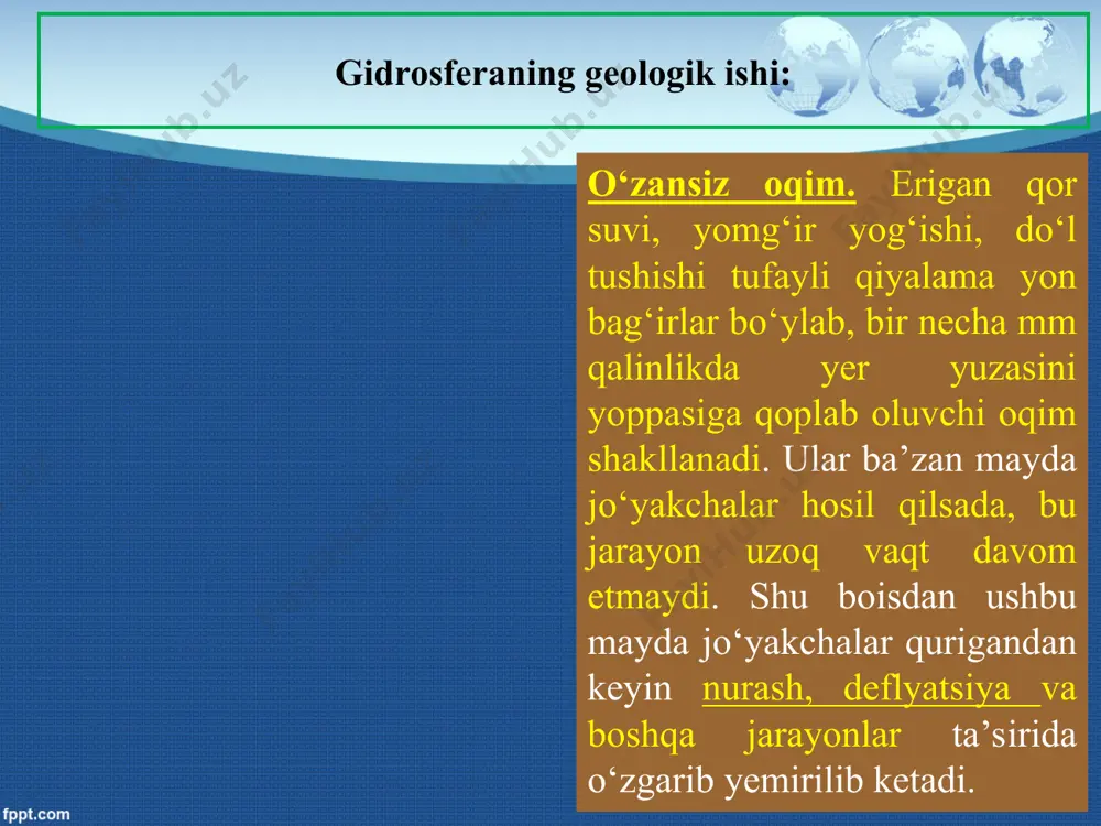 uvchi to‘lqinlar soatiga 1000 km tezlik bilan harakatlanishi mumkin. bunday holatlarda okean suvining harakatlanishi 600 m. chuqurlikda ham kuzatiladi. demak zilzila ta’sirida, to‘lqin hosil qilishda, yoki katta chuqurliklarda ham sezilishiga ko‘ra shamolga nisbatan kuchliroq aks etar ekan. ichki to‘lqinlanish tufayl shakllanuvchi oqimlar: bu holat okean suvining turli nuqtalarda turlicha zichlik va harakat yuzaga kelishi tufayli hosil bo‘ladi. a.g.kolesnikov fikriga ko‘ra okean suvining tubidan to yuzasiga qadar aralashib bo‘lishi uchun atigi 10 yil vaqt yetarli bo‘lar ekan. ushbu jarayon tufayli okean suvi shamol yoki zilzila ta’siridagi kabi shiddatli bo‘lmasada, sekinroq kechadi, ammo ushbu harakat okeanning barcha qismlarini qamrab olar ekan. ushbu harakatni dastlab f.nansen aniqlagan hamda tadqiq qilgan dengiz oqimlari ta’sirida yuz beruvchi harakatlar: ushbu turdagi harakat muttasil esuvchi passat va musson shamollari hamda okeanning turli nuqtalarida suvning turli tarkib va zichlik ko‘rsatkichga ega bo‘lishi tufayli shakllanadi. natijada okean suvining harakatlanishi juda katta o‘lchamlarda yuz beradi, va o‘ta qudratli bo‘ladi. masalan …