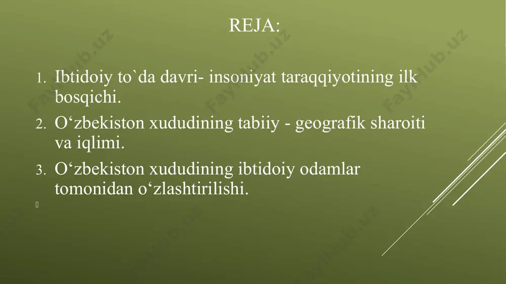 bug‘u, muflon, mastodont, janubiy va o‘rmon fillari, mamont, chiya bo‘rilar yashagan. 1946 yilda fargonadan junli fil - mamont qoldiqlari topilgan. mamont suyaklari shuningdek olma-ota yaqinidan ham topilgan. toshkentning buz suv anhori bo`yidan junli “sibir” karkidoni suyaklari topilgan. 2013 yilda toshkent viloyati ohangaron vohasidagi ovjazsoy hududidan janubiy mamont tishlari topildi. u 1 million 200 — 1 million 800 yoshdaligini aniqlashdi. uning dandon tishlari 100 kilogramm og‘irlikda bo‘lib, uzunligi 4 metrni tashkil etadi. mutaxassislar fikricha, janubiy mamont tabiatda ro‘y bergan iqlim o‘zgarishlari natijasida bundan o‘n ikki ming yillar avval qirilib ketgan. odamzodning eng ilk ajdodlari o‘zlarining oziq tishlaridagi naqshlari va bosh miyasining maymun bosh miyasidan kattaligi bilan farq qiluvchi maymunsimon odam ajdodi (goronna driopiteki)dan tarqalgan. bu tipdagi odamzod ajdodlarining qoldiqlari janubiy afrikada zinjantrop, indoneziyaning yava orolida pitekantrop, xitoyda sinantrop, o‘zbekistonda fergantrop, germaniyada neandertallar nomlari ostida topib o‘rganilgan. olduvay davri odamlari terimаchilik bilan shug‘ullanganlar. odamlarning to‘da bo‘lib yurishlari natijasida o‘zlarini turli tabiat hodisalaridan …