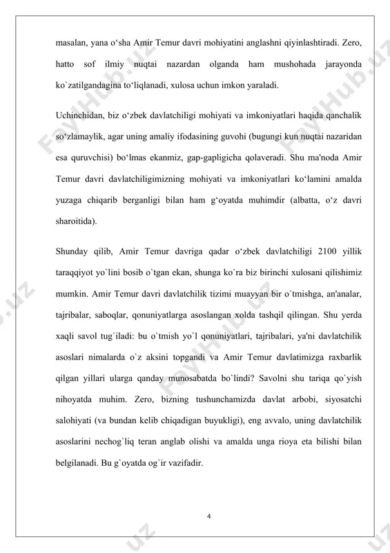 r sakkiz asosni yana bir muhim – to`qqizinchi asos bilan boyitdi. u ham bo`lsa, jamiyat rivojida barcha ijtimoiy tabaqalar faoliyatini nazarda tutish va manfaatlarini ta'minlashdan iboratdir. amir temur bo`yicha bunday tabaqalar 12 ta bo`lib, ularda jamiyatning barcha tarkibiy qismlari o`rin olgan. diqqatga sazovor tomoni shundaki, tuzuklar bayonida amir temur tabiiy ravishda din va shariatni birinchi o`rinda ta'kidlagan holda ijtimoiy tabaqalarga bo`lgan munosabatni boshqa yo`nalish va masalalardan ustun qo`yadi. demak, amir temur davrida davlatimizning to`qqiz asosi o`z ijobiy yechimini topgan va xuddi mana shu to`qqiz asos sohibqiron yuritgan davlatchilik siyosatining to`qqiz tomonini tashkil etadi. yuqorida davlatning siyosiy mustaqilligi va mamlakat yaxlitligi borasida amir temur olib borgan faoliyat bilan qisqacha tanishib o`tdik. quyida uning davlat boshqaruvi, davlatchilik va xarbiy siyosat borasidagi harakatlarini lo`nda tarzda yoritishga urinib ko`ramiz. chingiziylarning o`lkadagi hukmronligi barcha sohalar taraqqiyotida salbiy asorat qoldirgani haqida so`z aytdik. davlat boshqaruvi sohasi ham bundan mustasno emas. umuman boshqa, ko`chmanchi shart-sharoitda shakllangan siyosiy …