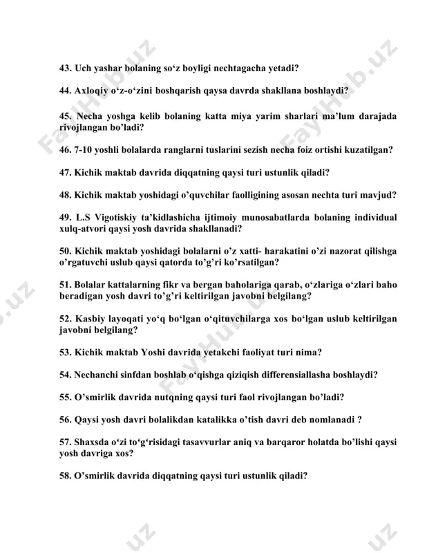pirinlikni qanday hodisa deb e’tirof etgan? 66. ilk o’spirinlik davri necha yoshlarni o’z ichiga oladi? 67. gezel necha yoshda osoyishtalik davri boshlanishini aytgan? 68. e. erikson qaysi davrni boshqalarga o‘xshamaslik, individuallik hissining paydo bo‘lishi bilan xarakterlagan? 69. s. xoll 12-13 yoshdan 22 -25 yoshgacha bo‘lgan davrni nima deb atagan? 70. k. konrad ilk o’spirinlikni qanday davr deb atagan? 71. e. shpranger o’spirinlik davrini nechiga ajratgan? 72. bilish qobiliyatlari va intellektning rivojlanishiga urg‘u beriladigan konsepsiya nomi to’g’ri berilgan javobni toping? 73. ….. bu o‘z tanasi va tashqi ko‘rinishidan tashvishlanish. nuqtalar o’rnini to’ldiring. 74. yoshlik davri necha yoshlarni o’z ichiga oladi? 75. p. p. lazarevning fikricha, eshitish, ko‘rish, periferik va kinestetik sezgirlikning o‘zgarishi necha yoshdan boshlanadi? 76. s. v. kravkov sezgirlikning ortishini necha yoshgacha davom etishini aytgan? 77. kim ziyolilarning ilmiy mahsuli dinamikasini o‘rgangan? 78. yoshlik davrida yigit-qizlar kamolotiga ta’sir qiluvchi psixologik mexanizmlar berilgan qatorni toping. . 79. u endi faqat o‘zining …