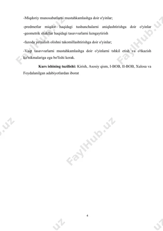 ganishda esa to’g’ri burchak, o’tkir burchak, o’tmas burchak, to’rt burchak va uning turlari, ko’pburchaklar, berilgan uzunlikdagi kesmani yasash, uzunlik va masofalarni o‘lchash hamda chamalash, turli figuralar yasash, bo‘laklardan shakllar va figuralar hosil qilish o’rganadilar . ii va iii sinflarda geometrik figuralari haqida tasavvur kengayadi va chuqurlashadi. bunday tasavvurlarni shakllantirishda quyidagi topshiriqlardan foydalanish mumkin: a) geometrik figuralar va ularning elementlari chiziladi. (bu xolatda zaruriy atamalar o’rganiladi, geometrik figuralarni tanib olish va o’zaro farqlash ko’nikmalari shakllanadi. b) go‘niya yordamida burchaklarning turlarini aniqlash. v) katak daftarda chizg’ich va uchburchak figuralarni yasash. g) figuralarni guruhlarga ajratish. d) figuralarni qismlarga ajratish va bu qismlardan boshqa figuralar yasash. e) turli predmetlar va ularning qismlarining geometrik shaklini yaratish. f) (iii sinfda) shartli belgilar yordamida geometrik chizmalarni o’qiy olish ko’nikmalarini shakllantirish. kichik yoshdagi maktab o’quvchilarida geometrik tasavvurni shakllantirish metodikasida ma’lum shakldagi real predmetdan uning tasviri tomon va aksincha, tasvirdan real predmet sari bormoq kerak. geometrik elementlarni o’rganishda quyidagi …